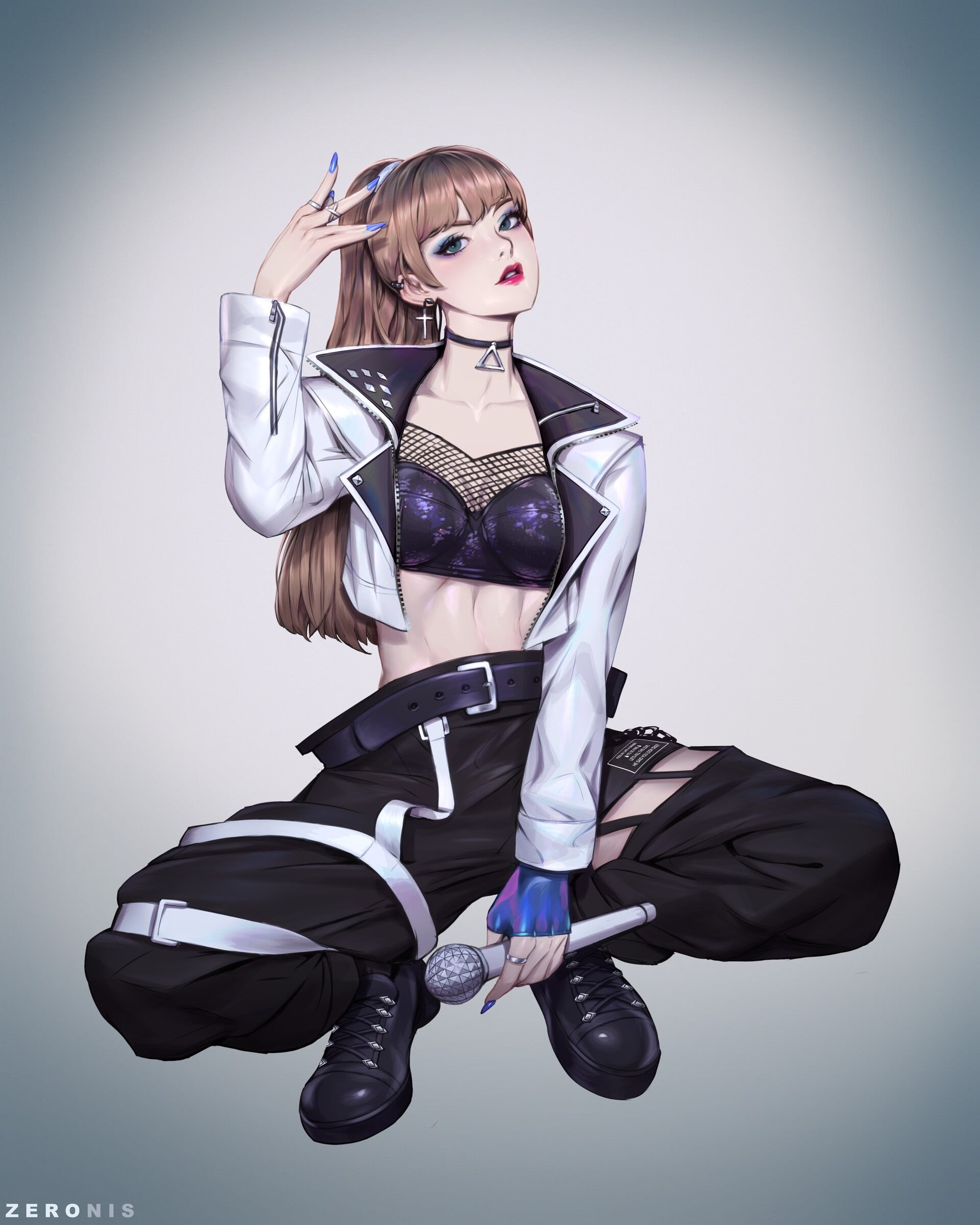 BLACKPINK, 1080P, makeup, Zeronis, jacket, ponytail, Lalisa, Lisa (BLACKPINK), brunette, drawing, squatting, women, microphone, Phone HD Wallpaper