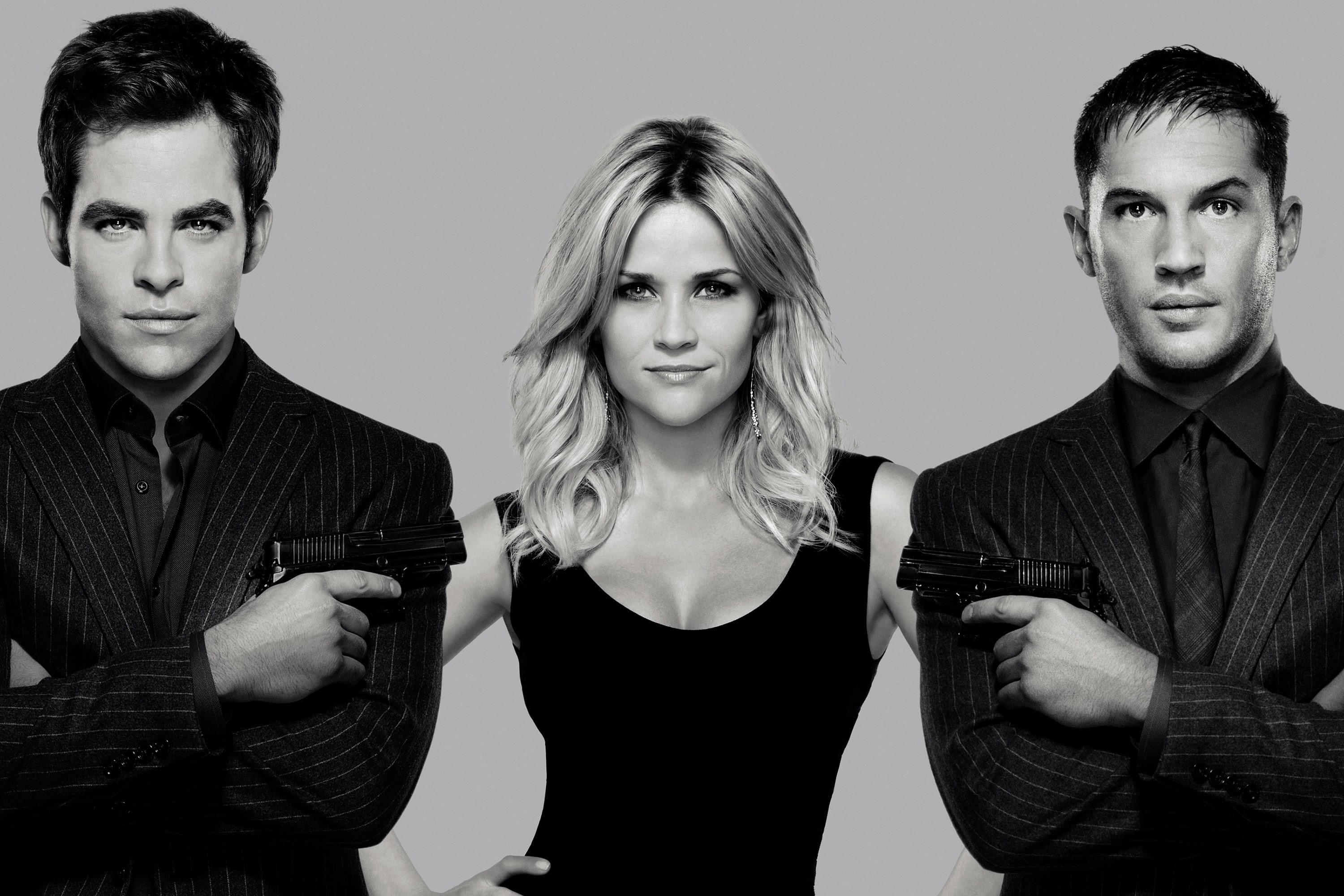 costumes, Tom Hardy, Reese Witherspoon, Means war, 2K, poster, weapons, men, guns, woman, two, Chris Pine, black and white, blonde, grayscale, agents, HD Wallpaper