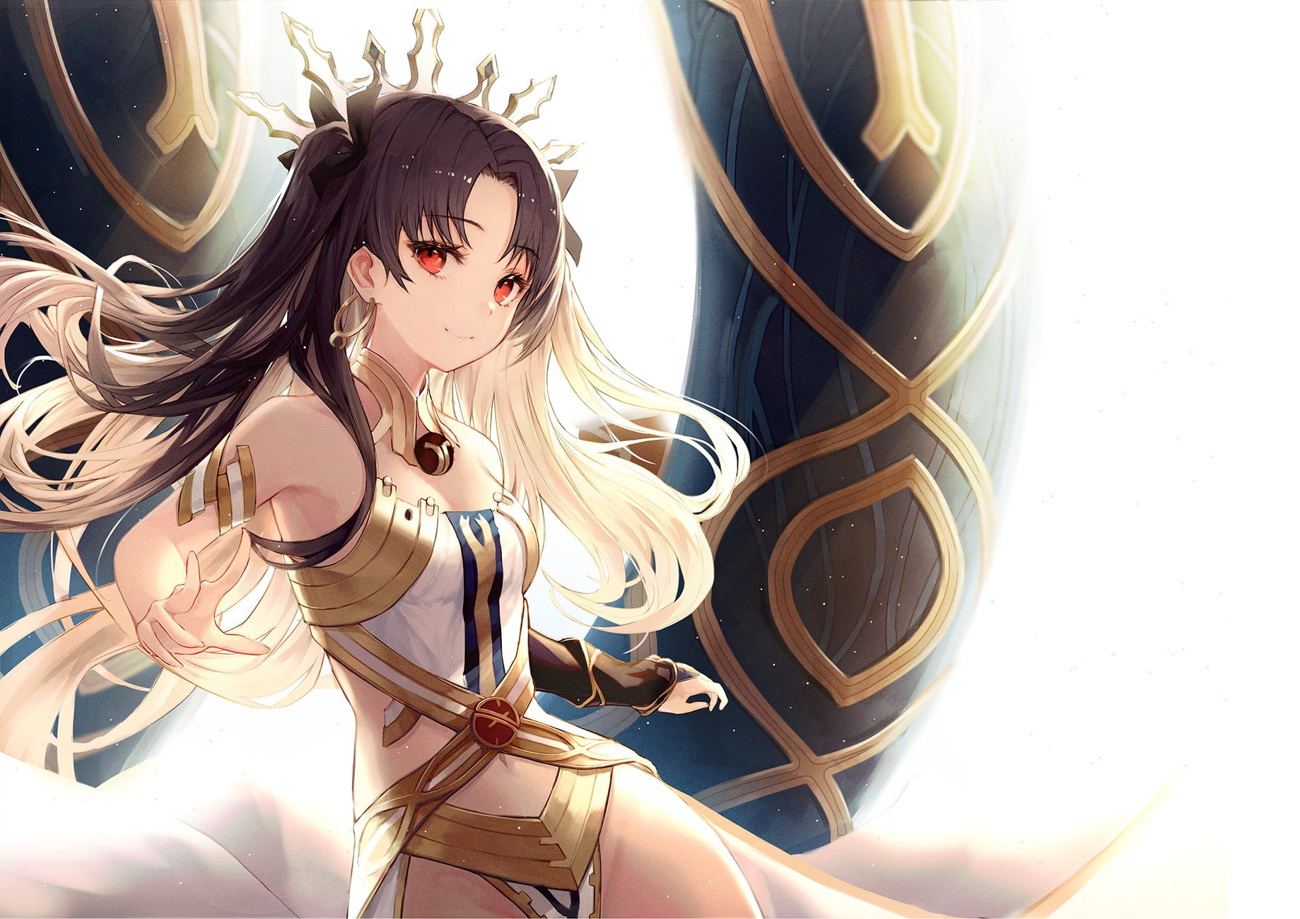 720P, anime girls, ponytail, black hair, portrait, Ishtar (Fate Grand Order), simple background, digital art, anime, red eyes, long hair, crown, HD Wallpaper