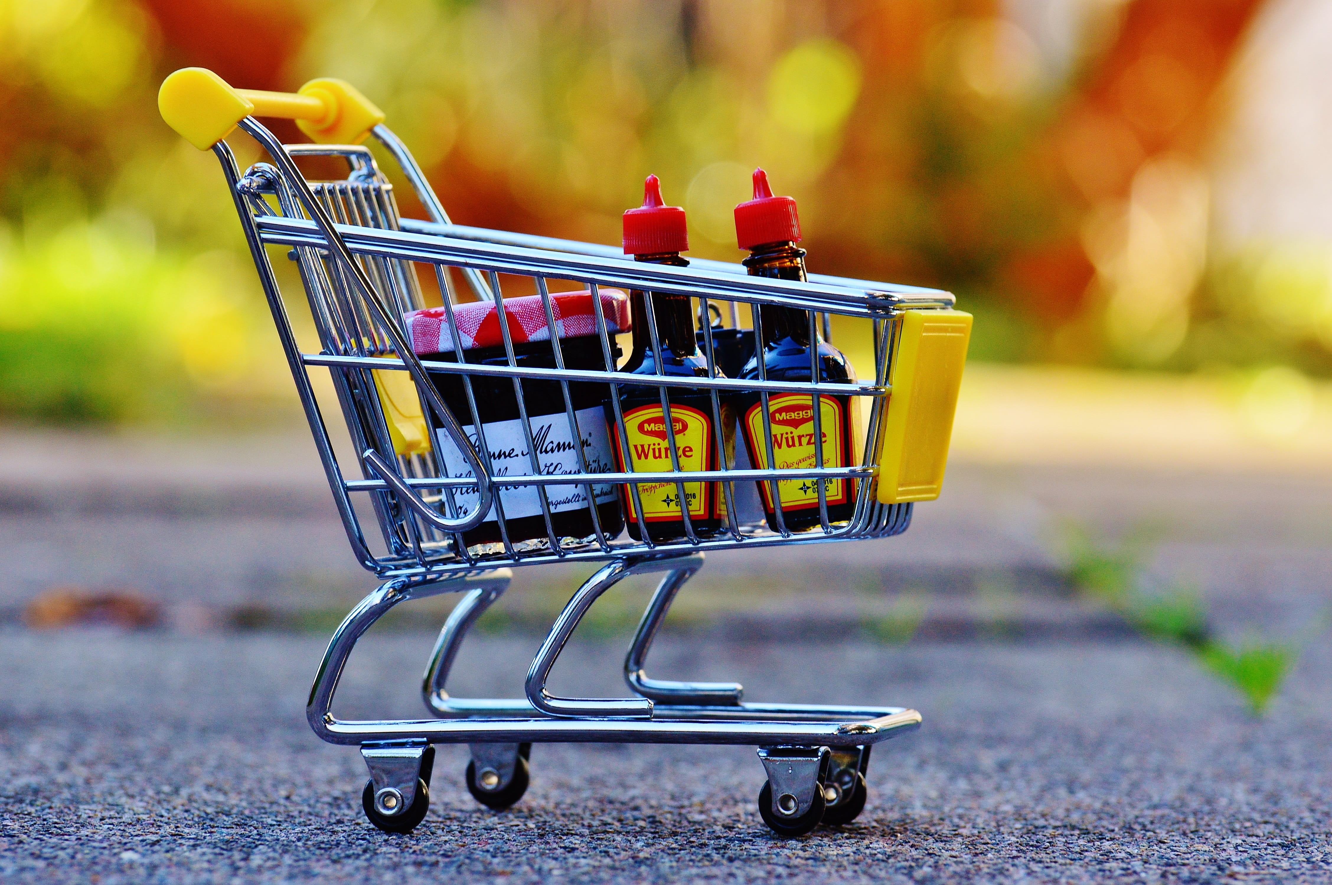 transport, purchasing, metal, store, consumerism, cart, bottles, food and drink, sauce, shopping, wheels, steel, outdoors, soy, close-up, shopping list, HD Wallpaper