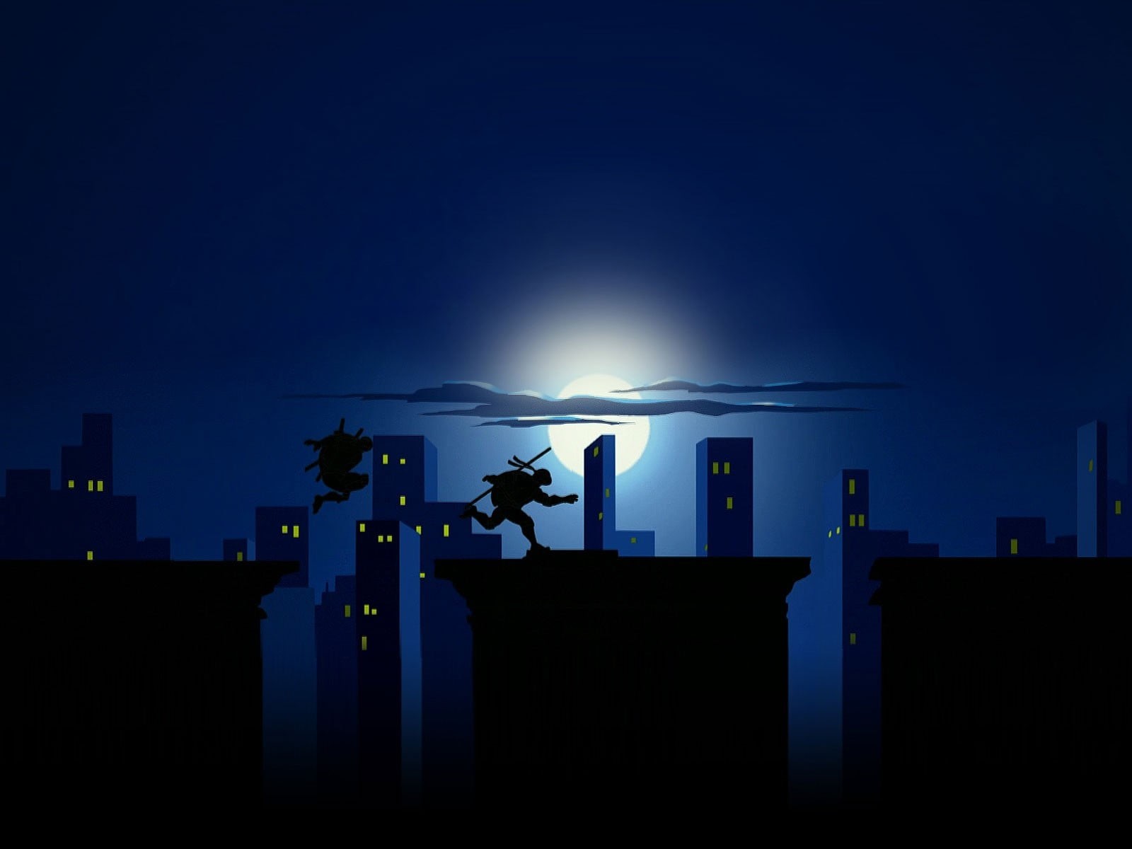 sky, one person, building exterior, Teenage Mutant Ninja Turtles, lighting equipment, outdoors, white, dark, black, table, wooden, blue, illuminated, silhouette, HD Wallpaper