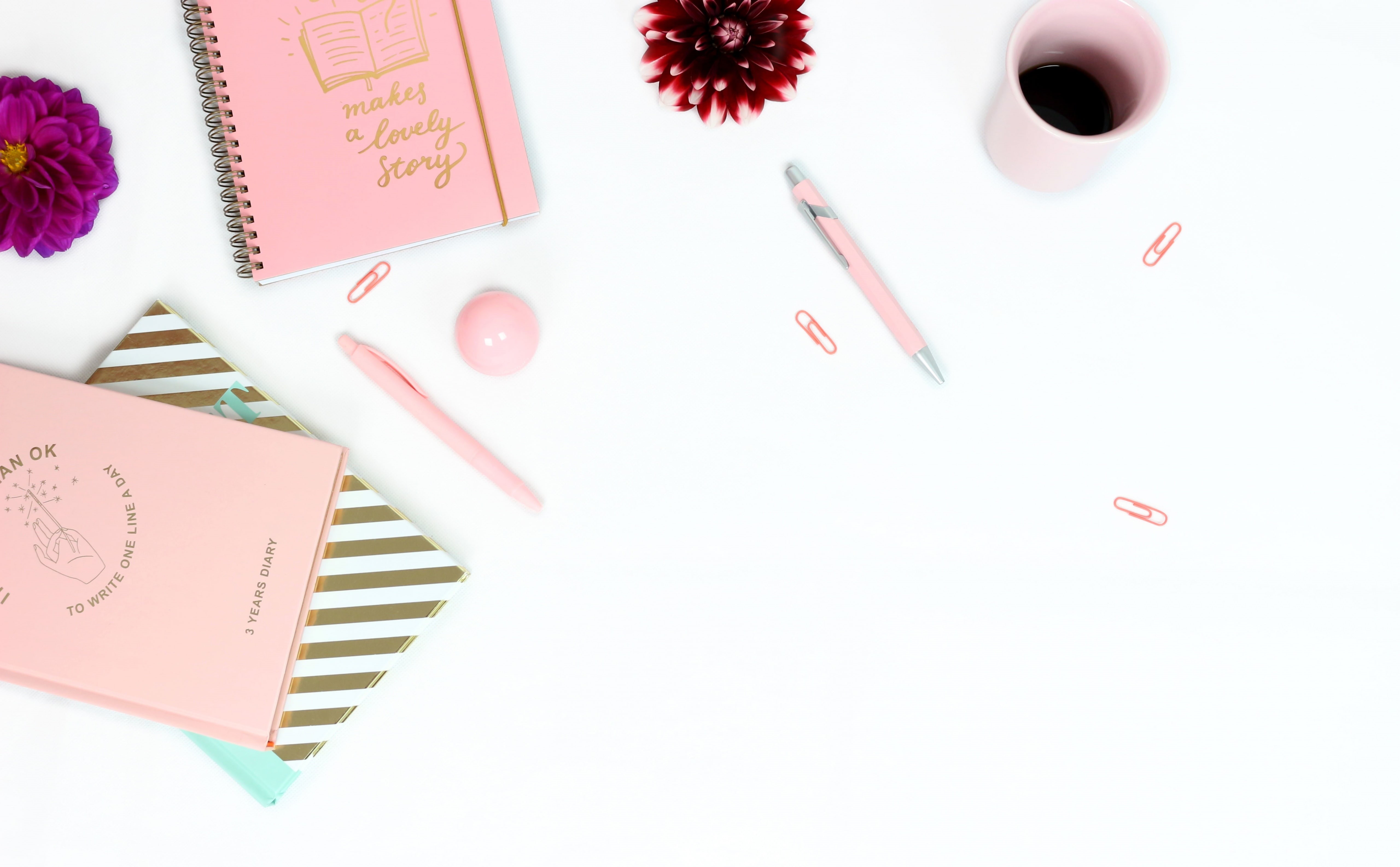 pinkcup, text, Desk, craft, whitebackground, Golden, Notes, table, Gold, girly, page, white color, nail, publication, Pink, workplace, Diary, feminine, HD Wallpaper