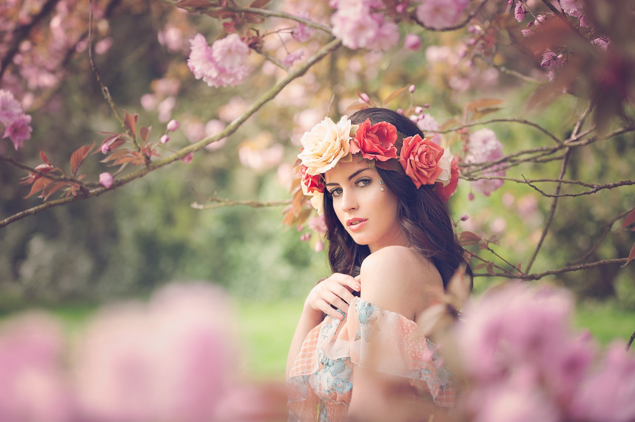 shoulder, clothing, fragility, springtime, blue eyes, nature, women outdoors, hair, young adult, adult, plant, beauty in nature, Aurela Skandaj, fashion, HD Wallpaper