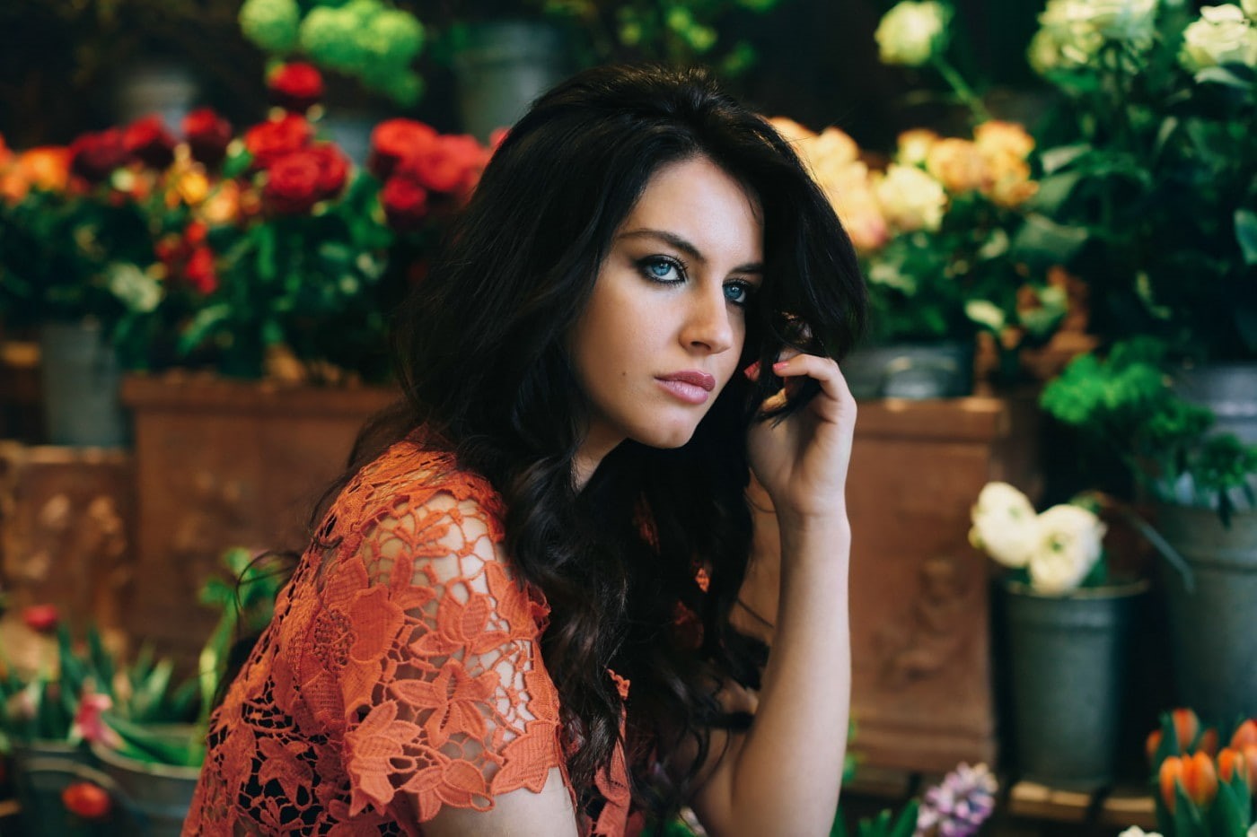 model, face, flowers, Aurela Skandaj, blue eyes, women, 720P, HD Wallpaper