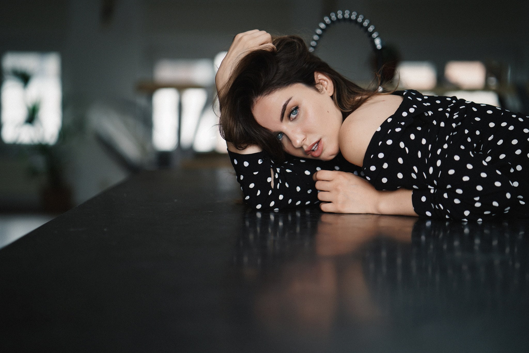 polka dots, portrait, women, gray eyes, Aurela Skandaj, 1080P, HD Wallpaper