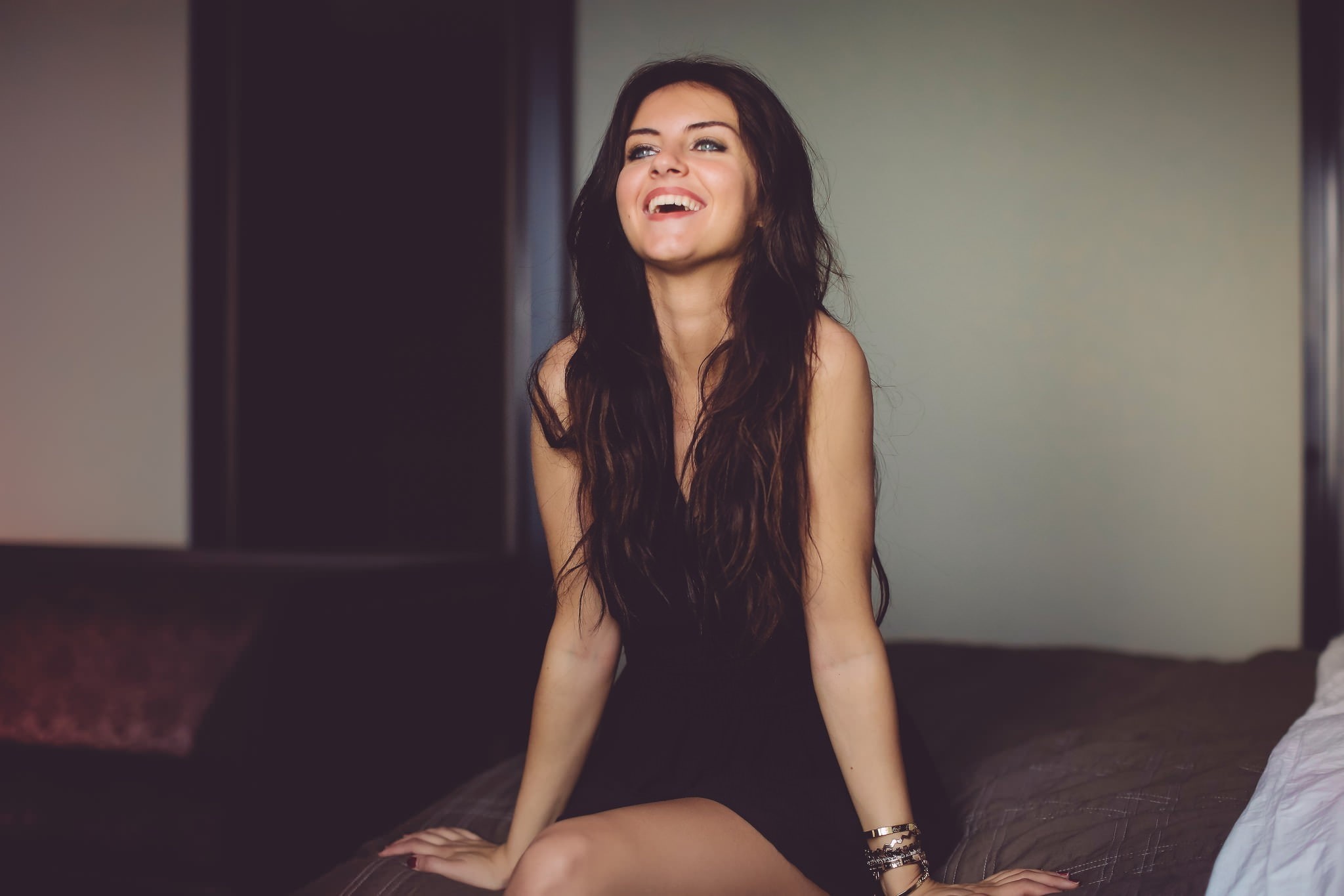dress, aurela, smiling, wavy hair, aurela skandaj, hair, sleeveless, model, brunette, wavy, women, black, mini, skandaj, 1080P, s, HD Wallpaper