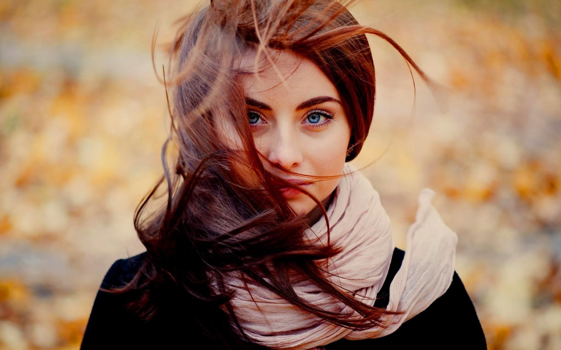 wind, teenager, 1080P, looking at camera, front view, s, hairstyle, headshot, beautiful woman, looking at viewer, autumn, Ann Nevreva, hair in face, redhead, HD Wallpaper