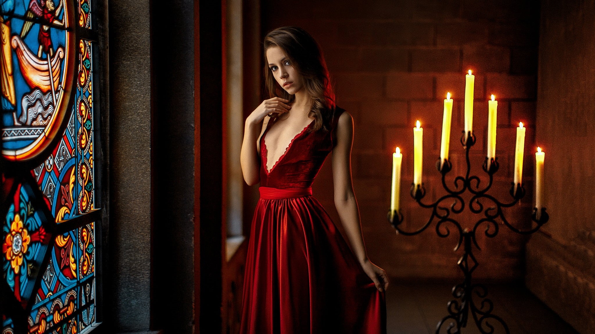 1080P, candle, fashion, one person, dress, hair, red dress, Ksenia Kokoreva, teenager, brown hair, adult, Andrey Metelkov, holding, contemplation, looking, HD Wallpaper