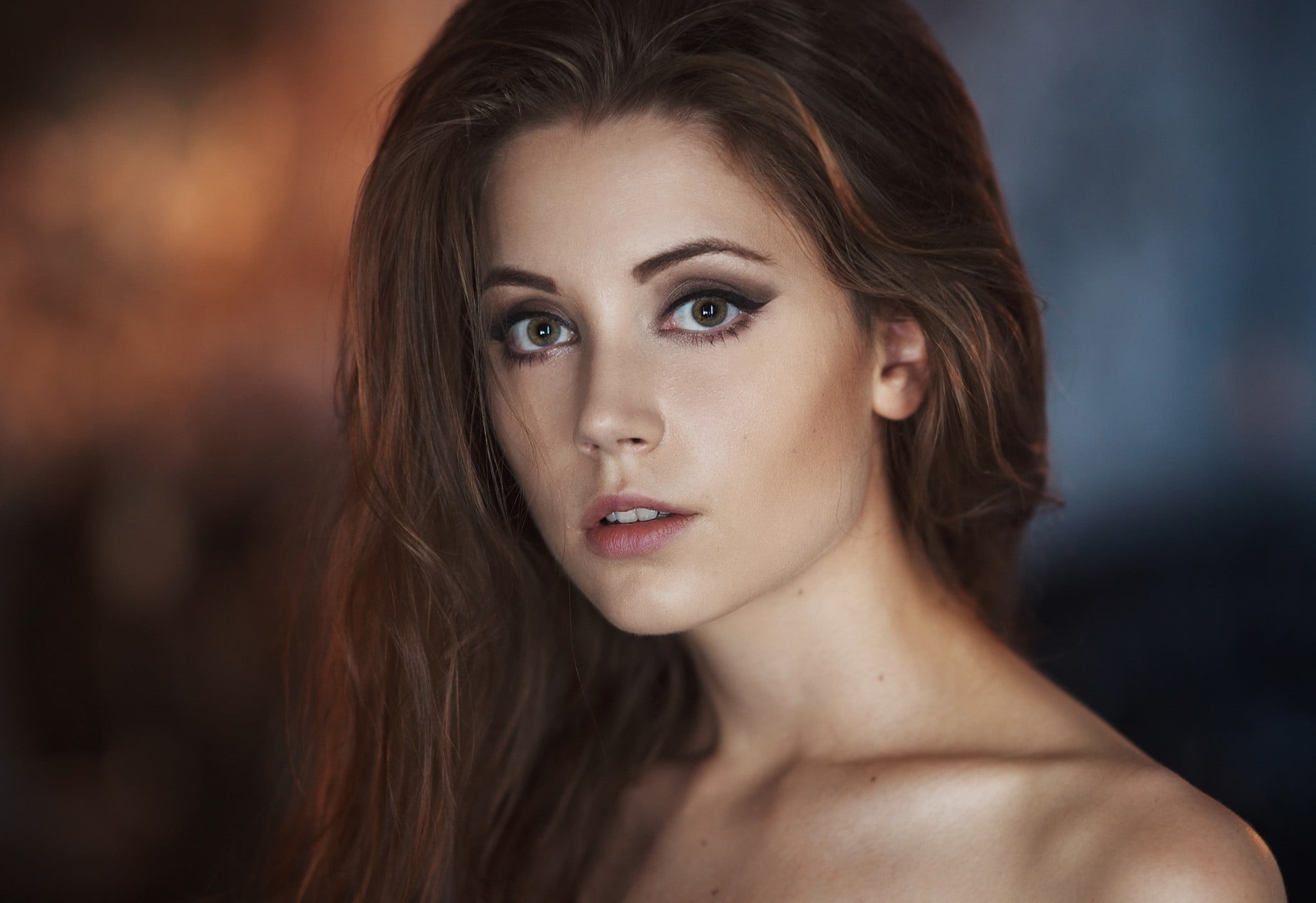 focus on foreground, face, beautiful people, close-up, headshot, Ksenia Kokoreva, young adult, front view, portrait, women, looking at camera, model, beautiful woman, HD Wallpaper