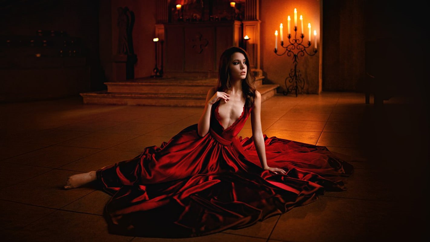 cleavage, on floor, long hair, red clothing, women, red dress, brunette, candles, Ksenia Kokoreva, 720P, dress, looking away, HD Wallpaper