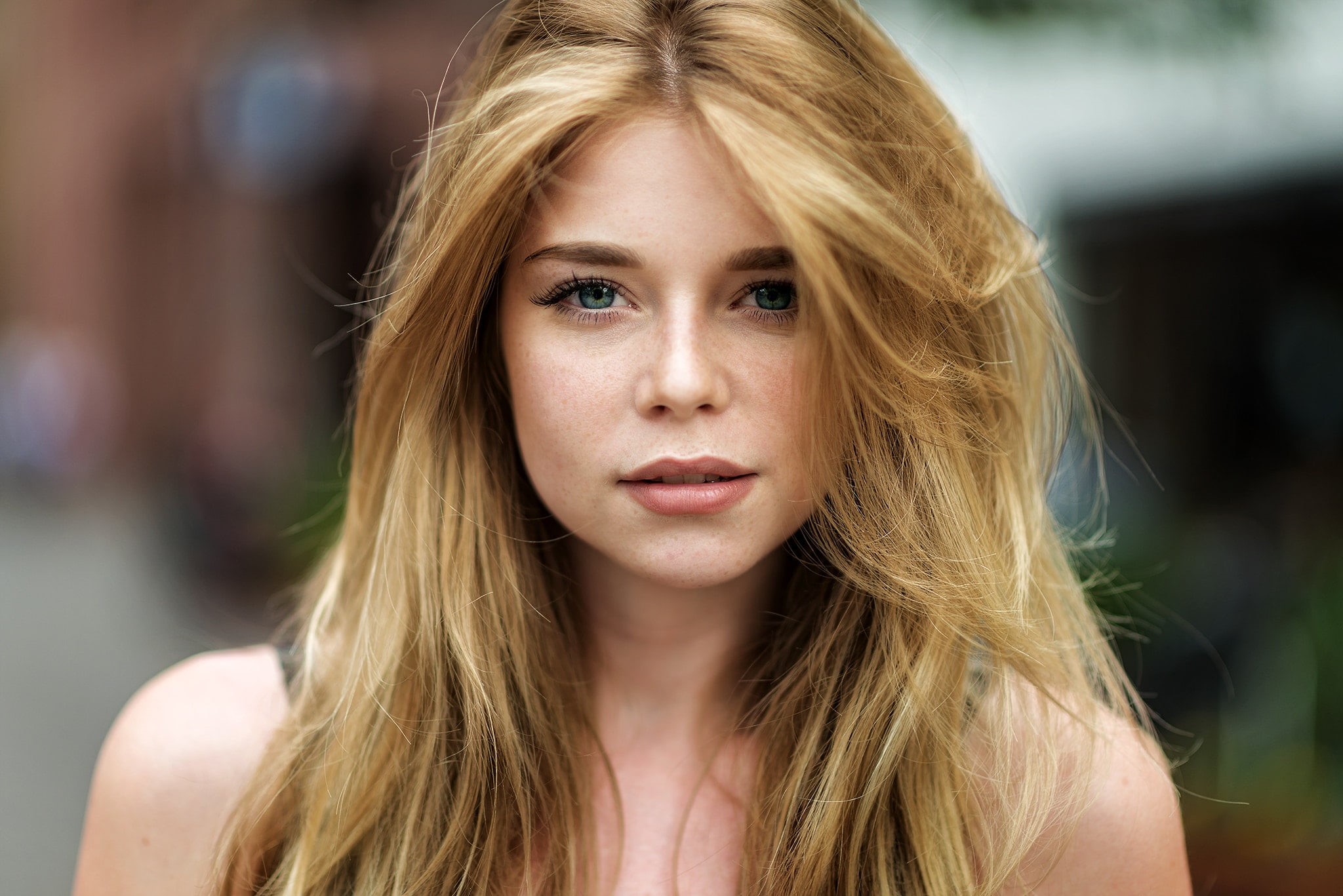 adult, outdoors, hair, beautiful people, looking at camera, close-up, one person, human hair, 1080P, blue eyes, front view, freckles, women, model, young women, HD Wallpaper