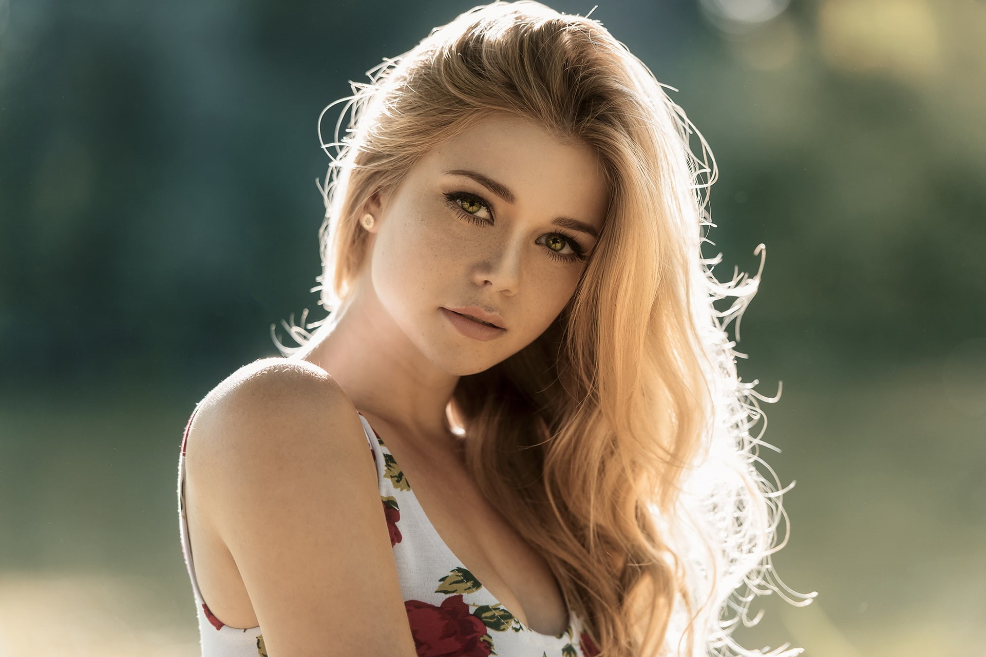 Mark Prinz, green eyes, portrait, blonde, women, Yvonne Michel, freckles, 1080P, HD Wallpaper