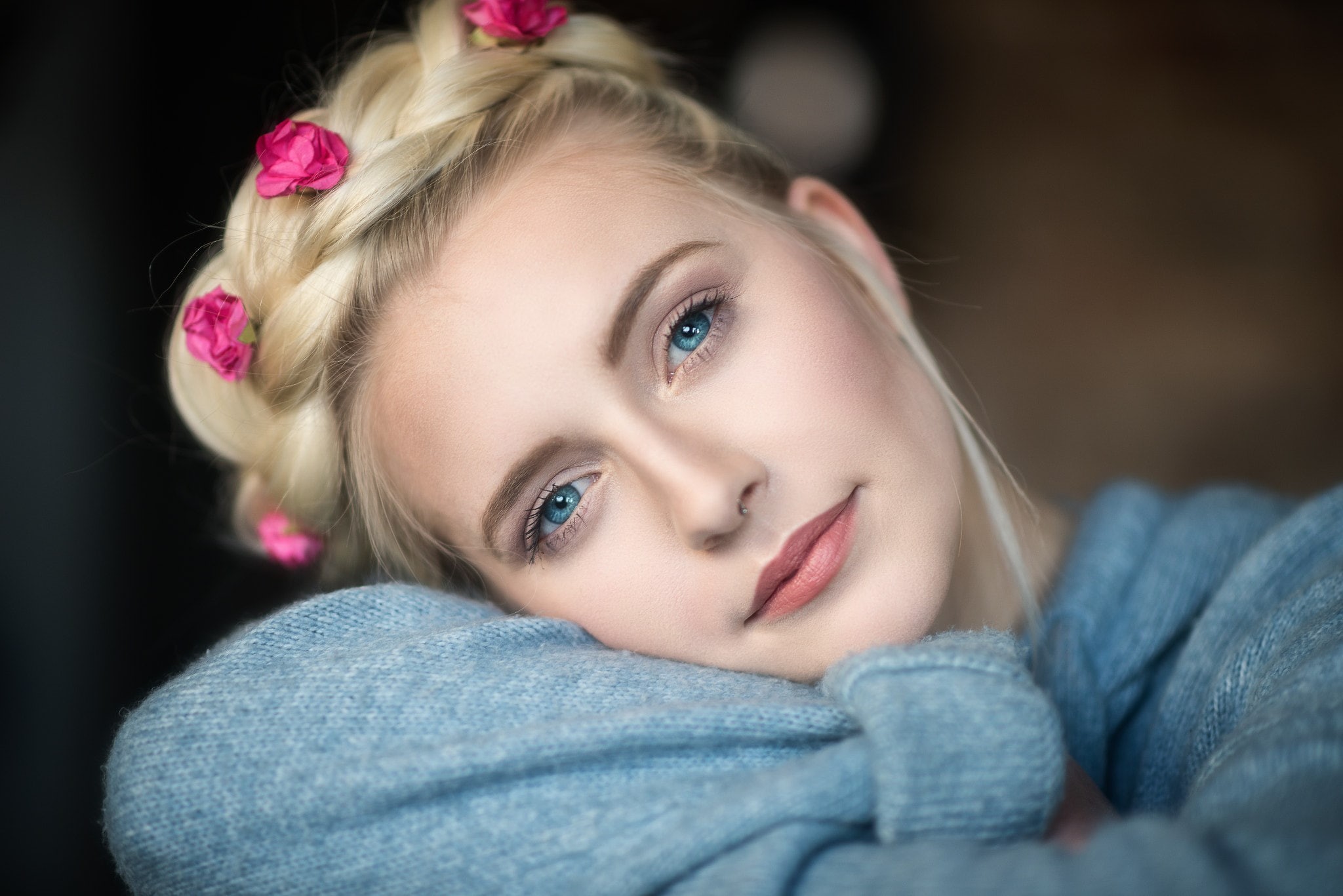 Mark Prinz, portrait, 1080P, blue eyes, flowers, face, women, blonde, HD Wallpaper
