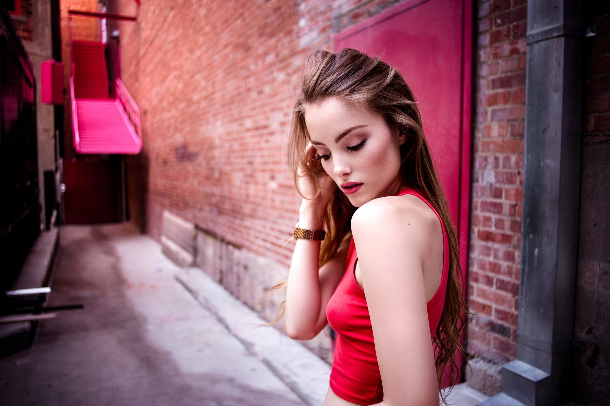 brown hair, one person, portrait, beautiful people, brunette, hairstyle, April Alleys, fashion, tank top, 1080P, April Slough, women, beauty, brick wall, HD Wallpaper