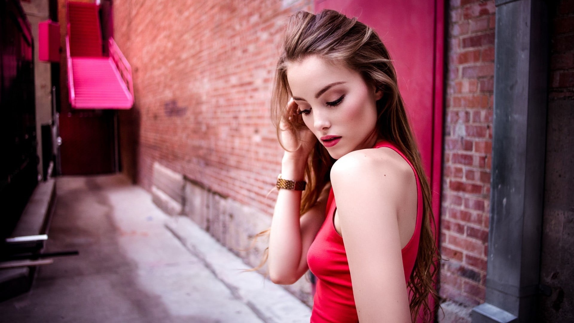 young adult, waist up, fashion, looking, no bra, urban, model, one person, women, hair, women outdoors, April Alleys, brunette, looking down, brick, teenager, HD Wallpaper