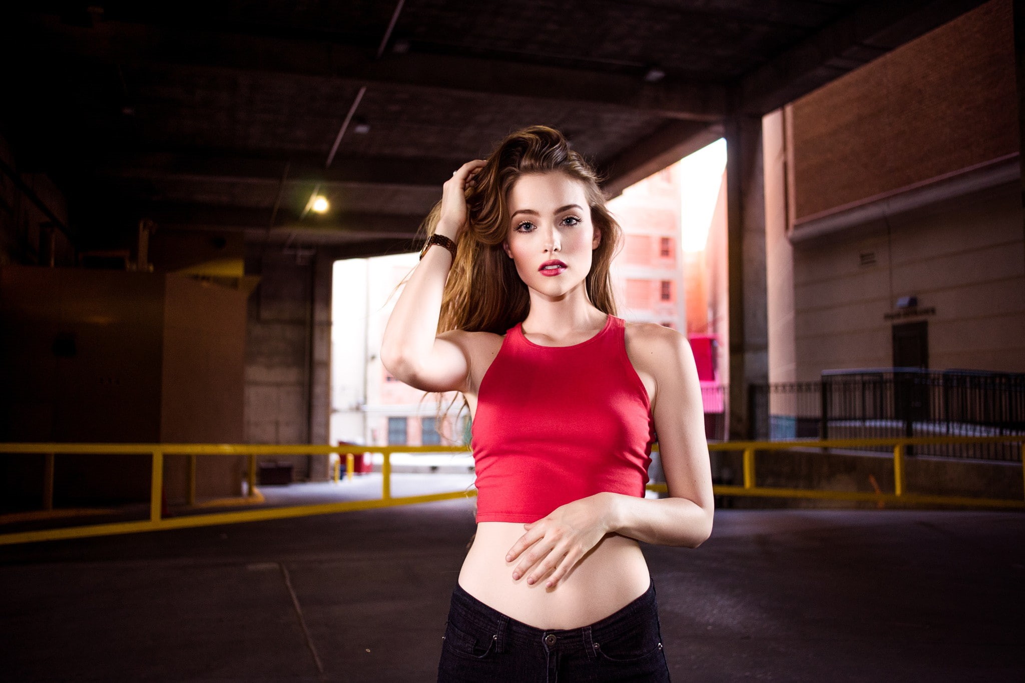 1080P, women, portrait, tank top, hands in hair, April Alleys, HD Wallpaper