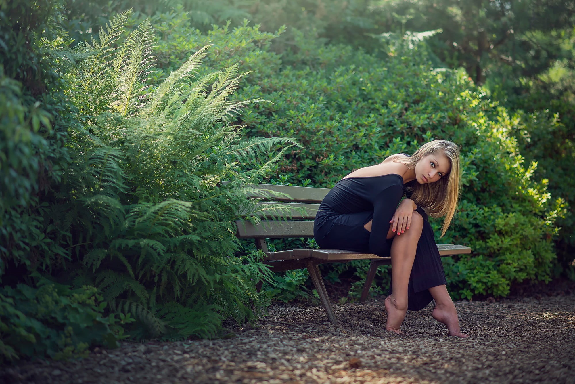 1080P, hair, young adult, growth, plant, blonde, hairstyle, barefoot, adult, beauty, green color, lifestyles, day, contemplation, tree, black clothing, HD Wallpaper