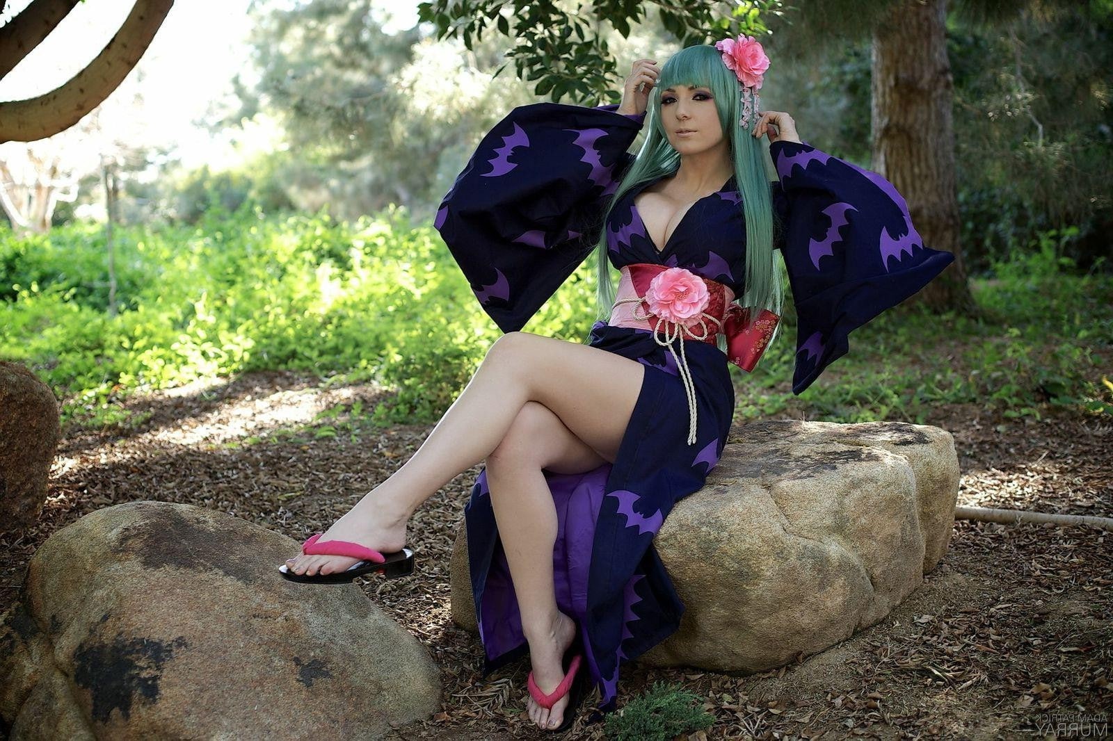 fashion, Green Hair, Feet, women, 720P, land, sandals, outdoors, beautiful woman, leisure activity, nature, kimono, sitting, contemplation, real people, HD Wallpaper