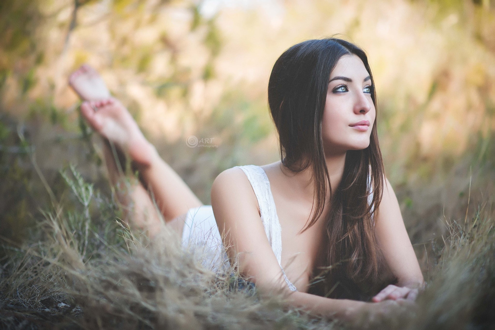 green eyes, women outdoors, 1080P, lying on front, feet in the air, model, women, face, brunette, HD Wallpaper