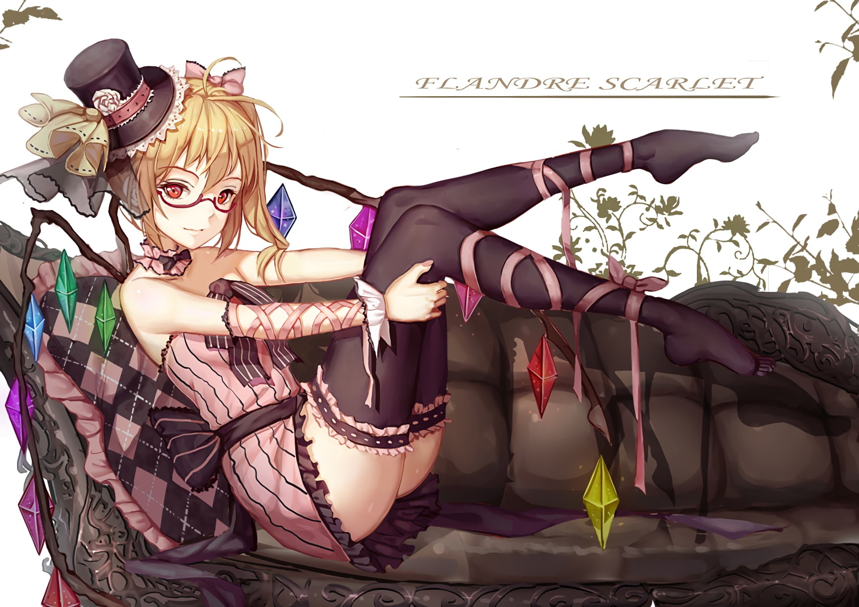 anime girls, dress, anime, blonde, Flandre Scarlet, smiling, feet, pink dress, looking at viewer, minidress, Touhou, feet in the air, couch, thigh-highs, HD Wallpaper