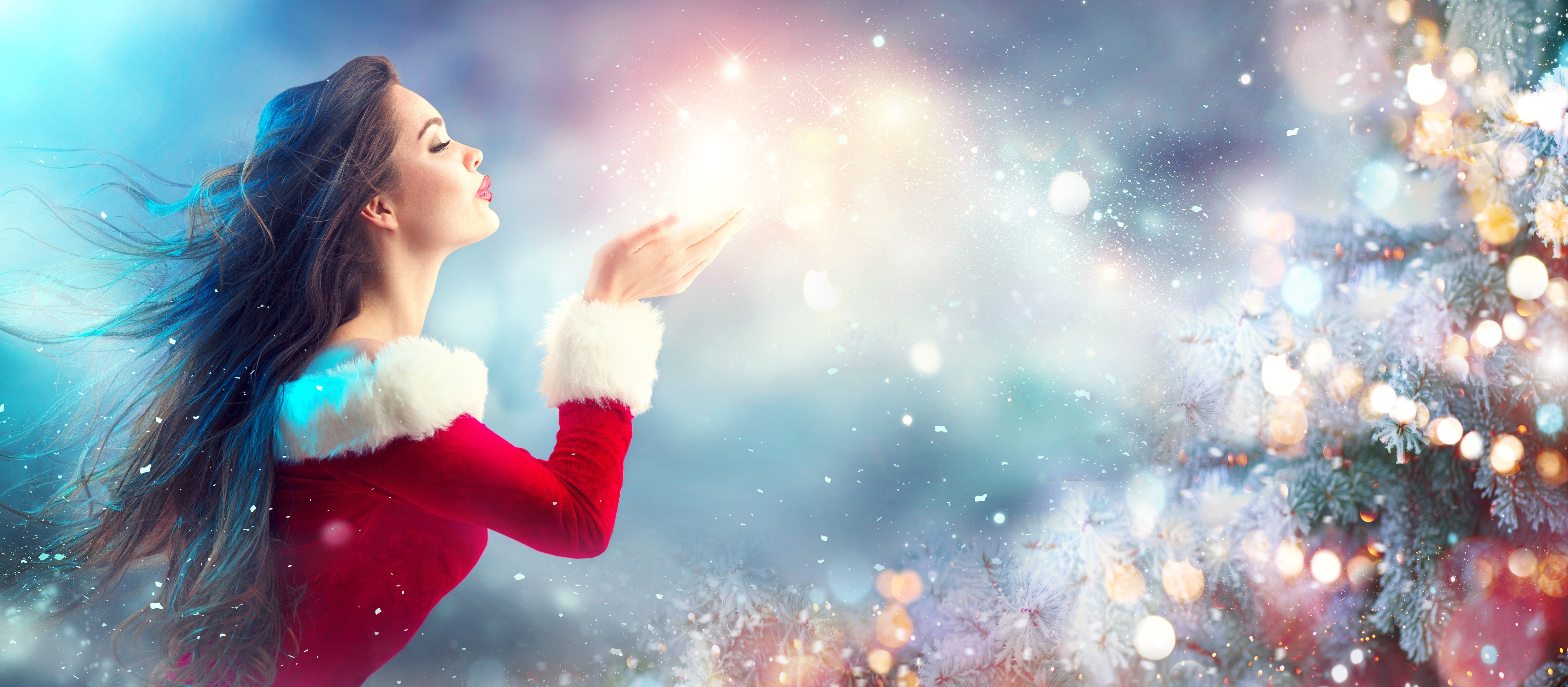 mood, festive light, look, bokeh, sweater, beautiful background, romantic delicate, s, blowing hands drifting desire, red, style, woman, Christmas, smile, HD Wallpaper