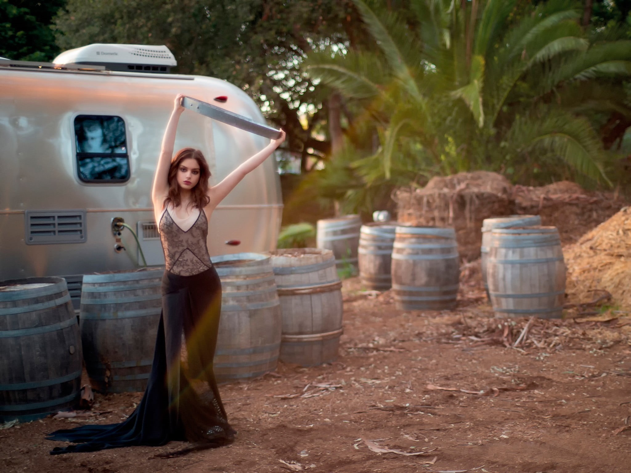 looking at camera, arms up, dress, day, travel, beautiful woman, women outdoors, Odeya Rush, fashion, one person, standing, mode of transportation, woman, HD Wallpaper