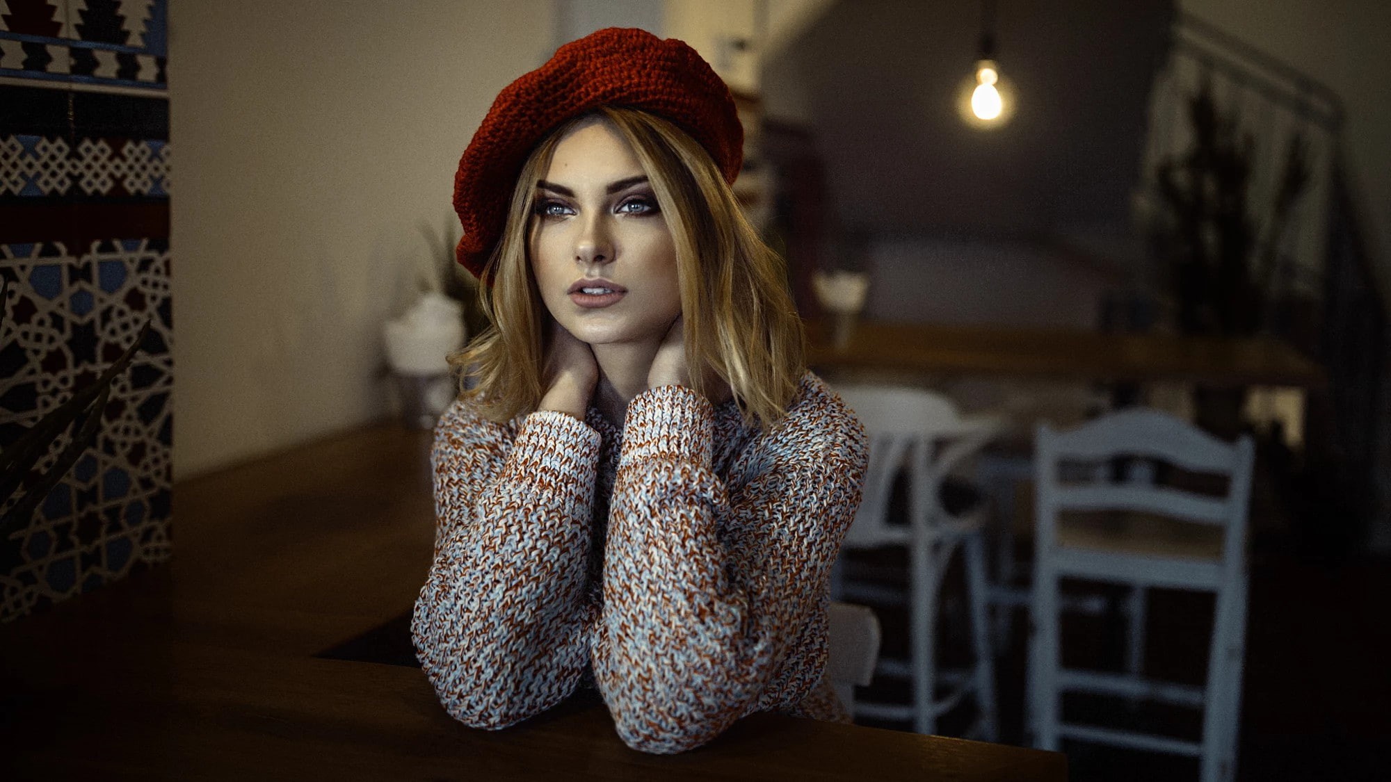 beautiful woman, bonnet, adult, looking, females, Carla Sonre, sweater, young adult, young women, portrait, one person, contemplation, beauty, warm clothing, HD Wallpaper