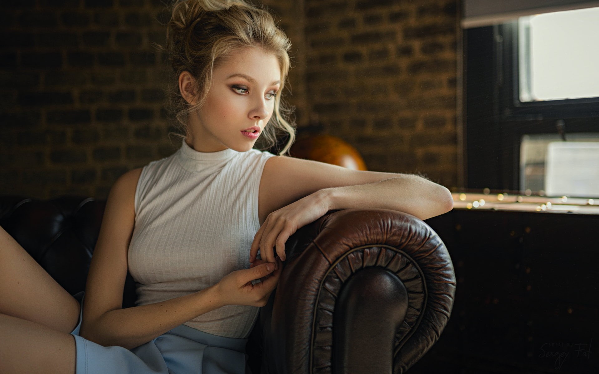 blonde, teenager, blue skirt, Sergey Fat, focus on foreground, beauty, casual clothing, girls, 1080P, beautiful woman, looking, real people, white tops, HD Wallpaper
