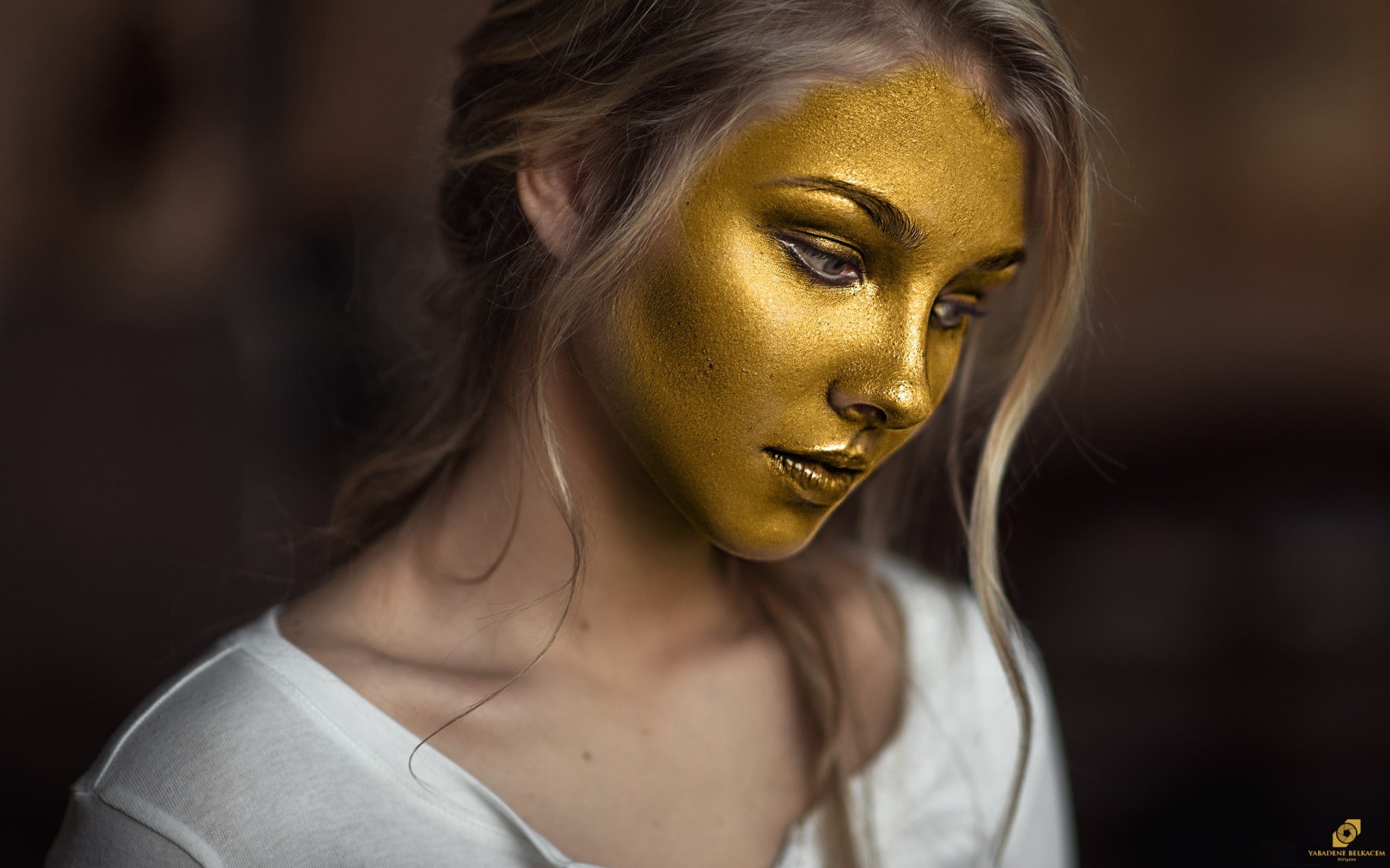 face paint, women, Alice Tarasenko, gold, body paint, face, 1080P, HD Wallpaper