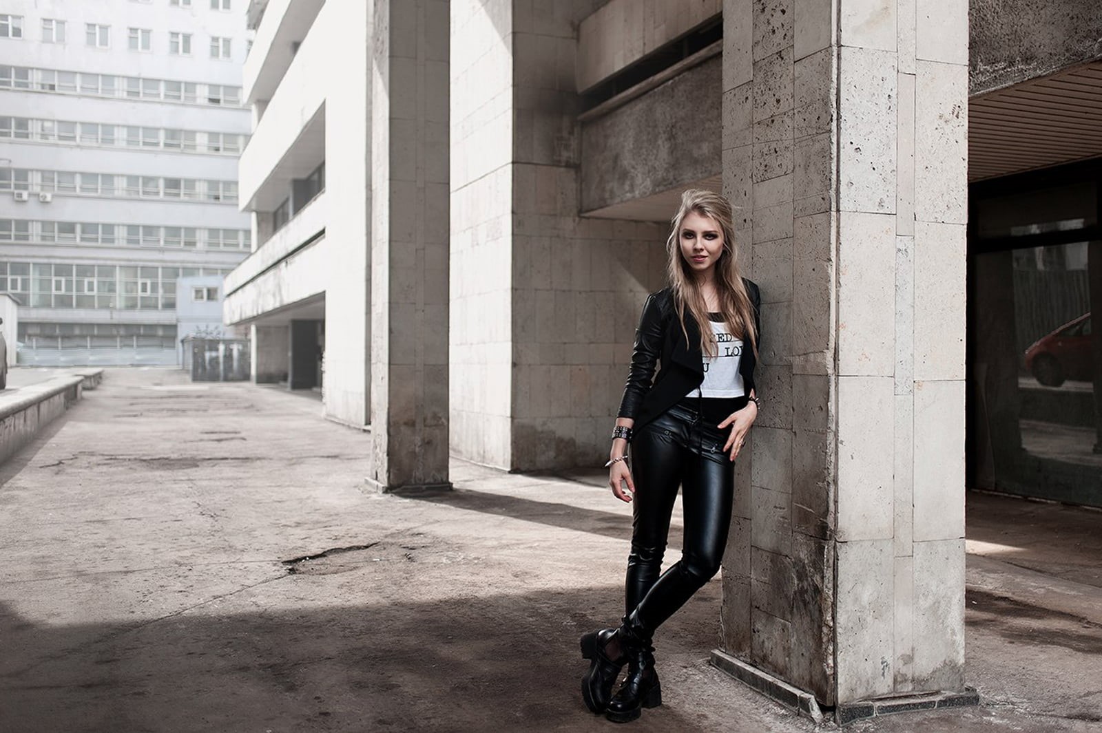 Nikita Osipov, Alice Tarasenko, 720P, black leather clothing, women, outdoors, model, HD Wallpaper