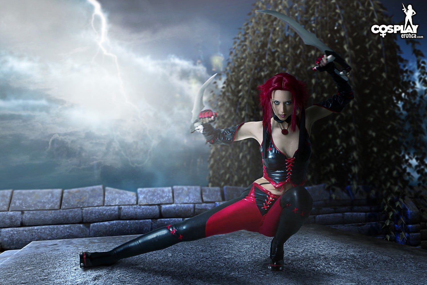 beauty, redhead, portrait, woman, leather vest, young women, full length, costume, Moon, leather pants , 720P, sword, human body part, BloodRayne, black, HD Wallpaper