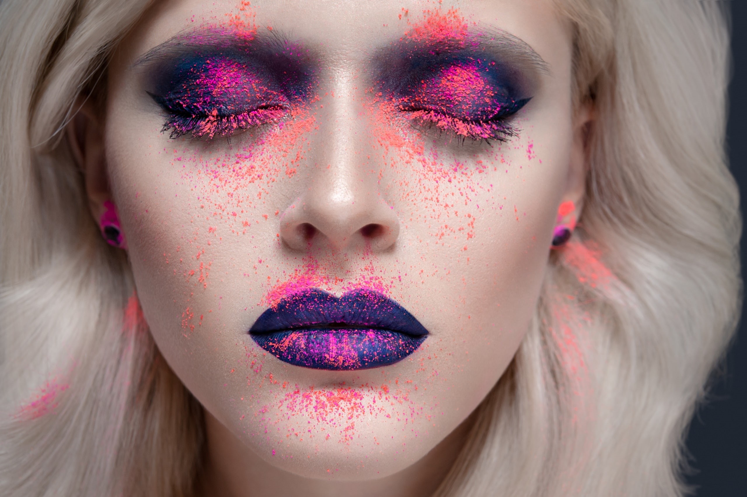 makeup, face, platinum blonde, closed eyes, 2K, women, HD Wallpaper