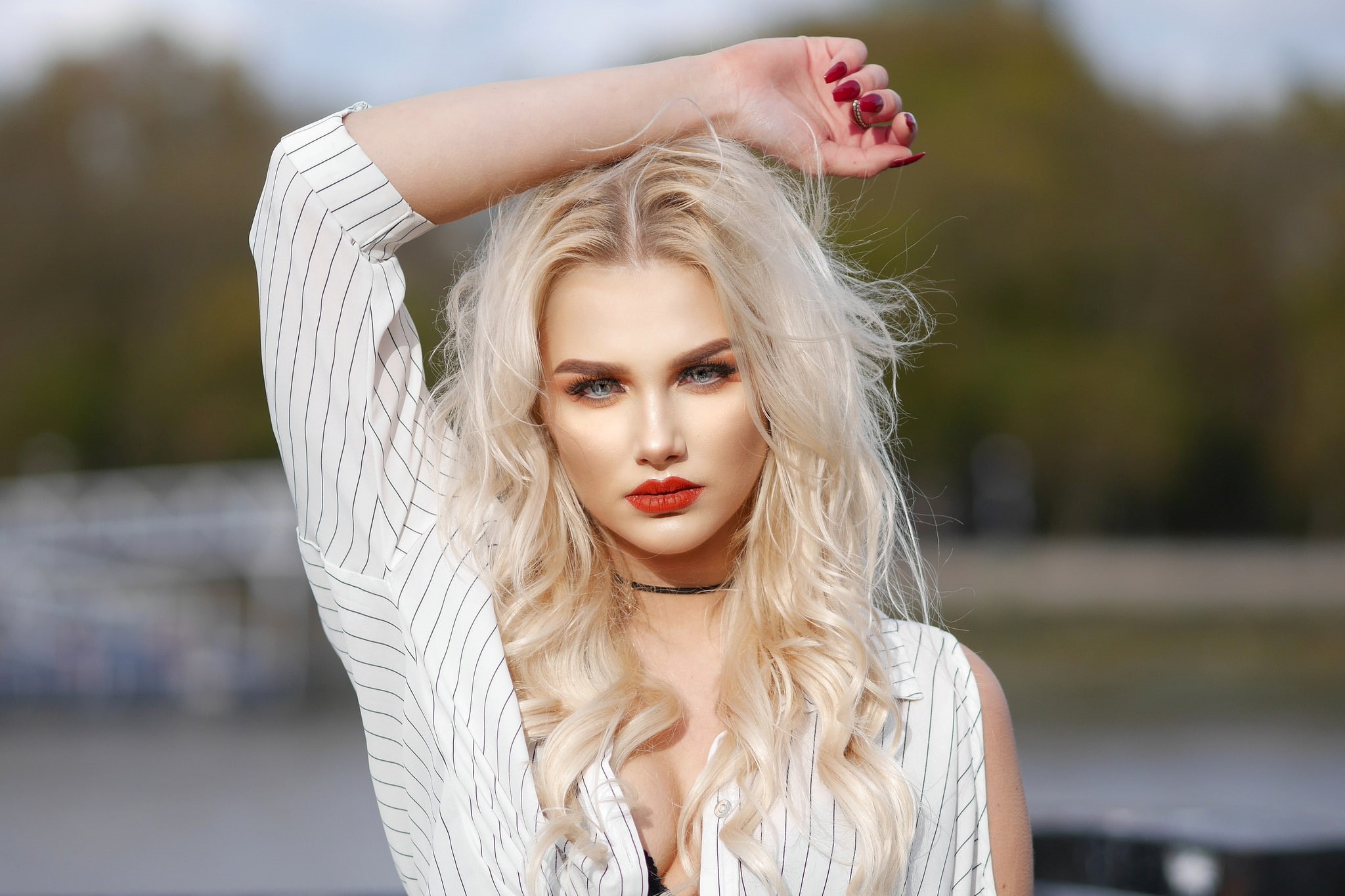 focus on foreground, looking at camera, face, fashion, beautiful woman, long hair, depth of field, white shirt, red lipstick, one person, make-up, hairstyle, HD Wallpaper
