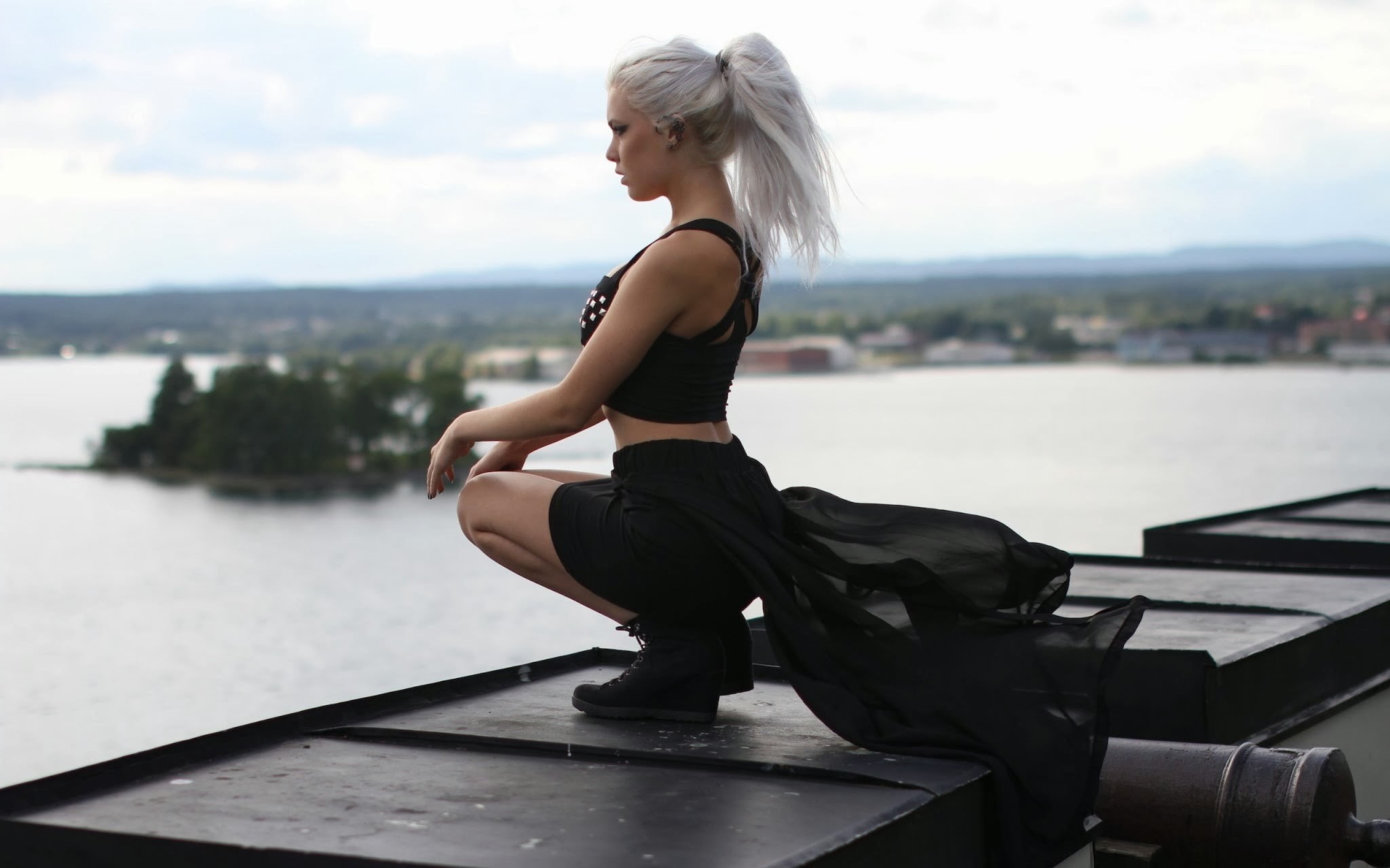 side view, cannon, white hair, hair, water, sitting, nature, one person, fashion, lake, lifestyles, leisure activity, beautiful woman, young adult, cannons, HD Wallpaper