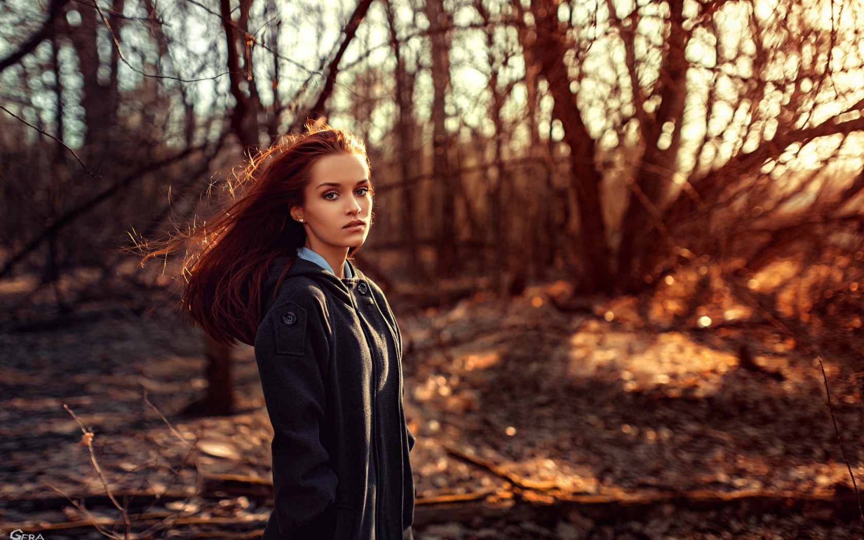 Georgy Chernyadyev, women, make up, 720P, model, women outdoors, black coat, pearl earrings, long hair, redhead, forest, coats, HD Wallpaper