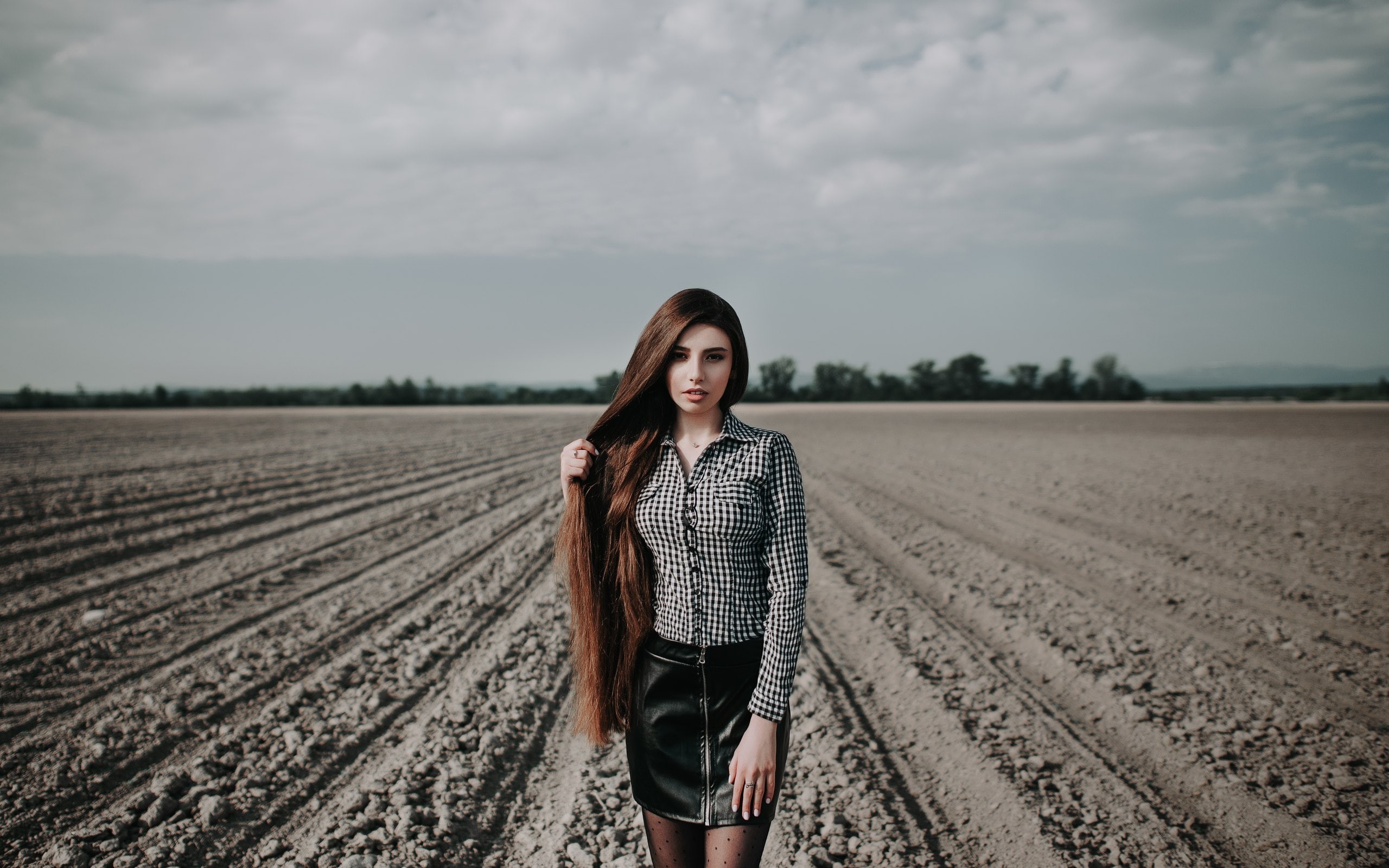 leather skirts, portrait, brunette, women outdoors, long hair, 2K, shirt, women, plaid shirt, skirt, HD Wallpaper