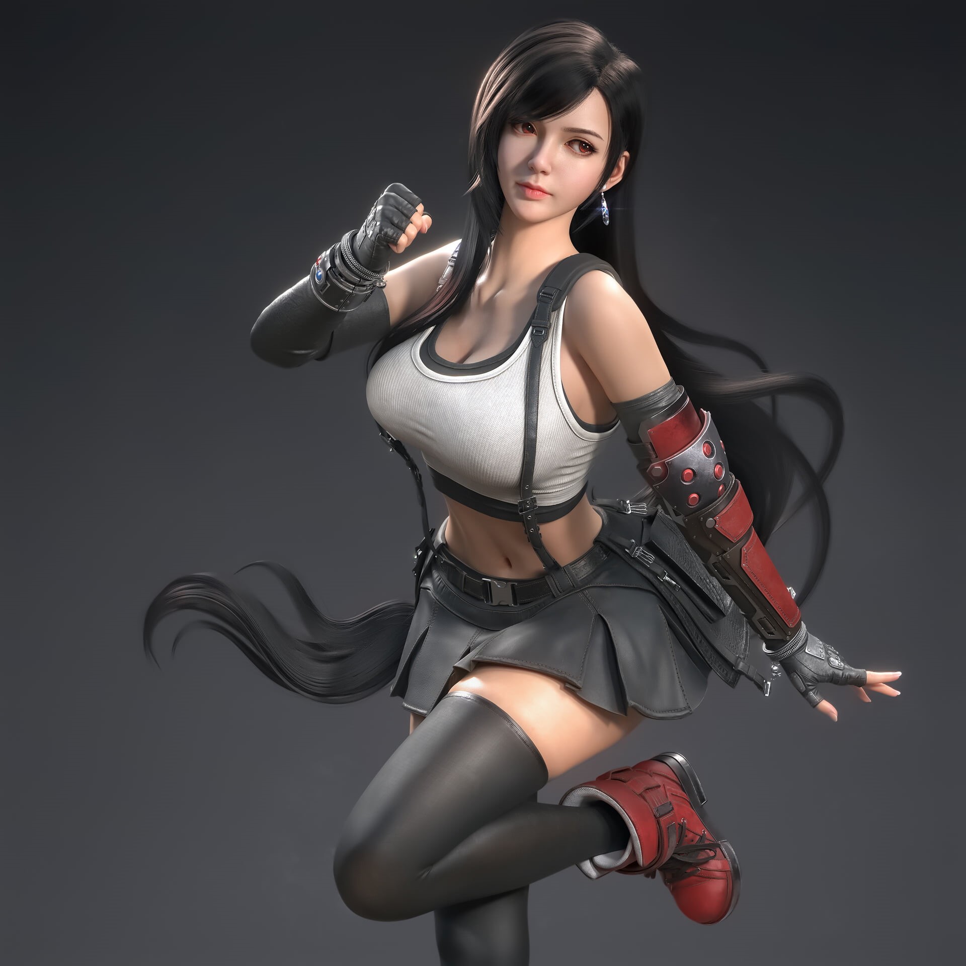 euginnx_Wu, skirt, leather, Tifa Lockhart, CGI, tank top, 1080P, long hair, boots, women, Final Fantasy, looking away, thigh high socks, simple background, Phone HD Wallpaper