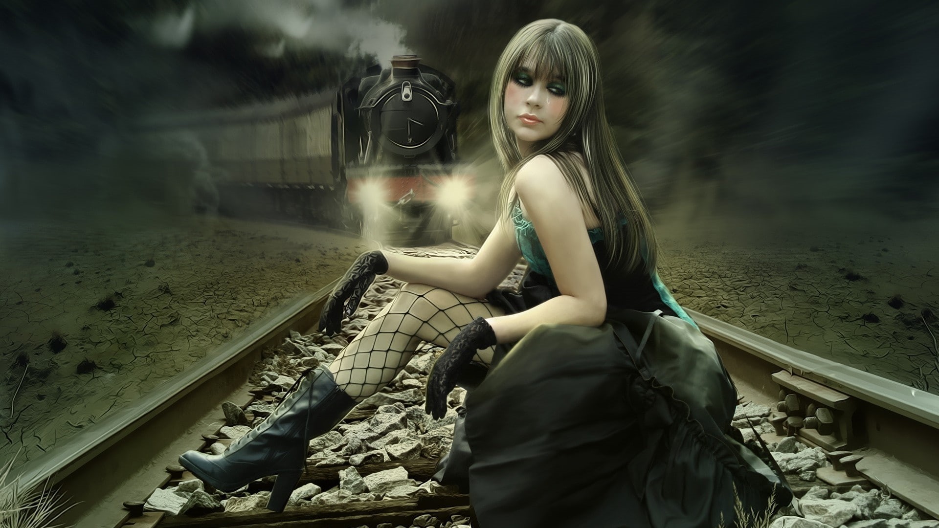 side view, railroad track, motion blur, skirt, train, hairstyle, adult, beautiful woman, one person, stones, casual clothing, blonde, bare shoulders, nature, HD Wallpaper