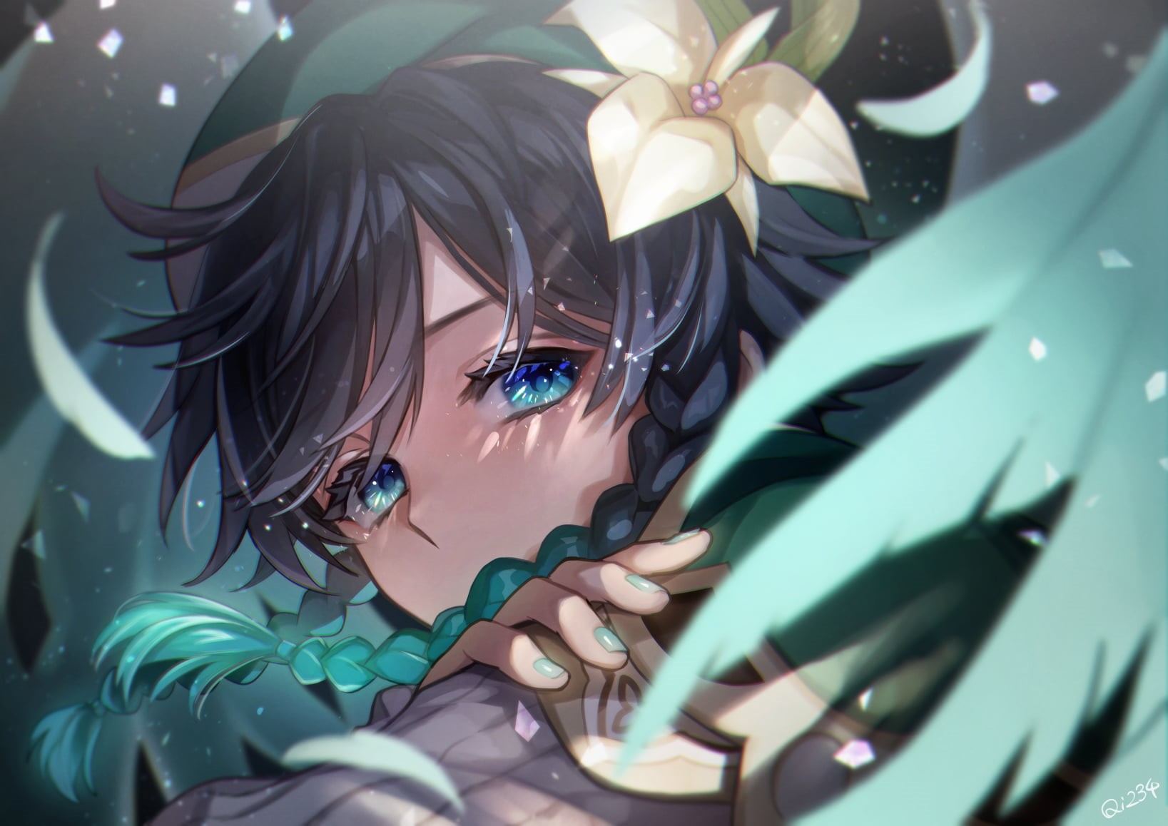 looking at viewer, dark hair, 720P, petals, wings, blue eyes, flower in hair, anime girls, green nails, Genshin Impact, anime, Venti (Genshin Impact), HD Wallpaper