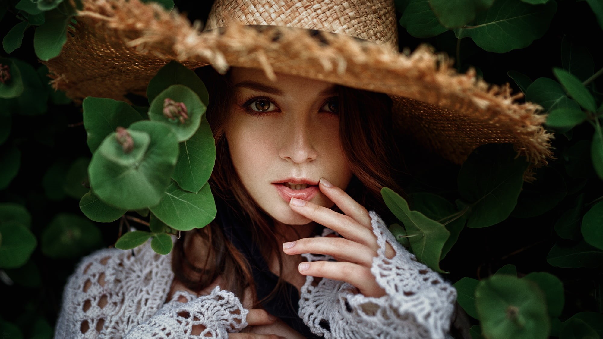 beautiful woman, plant, leaf, brunette, long hair, beauty, clothing, hat, headshot, hair, Georgy Chernyadyev, brown, contemplation, hairstyle, outdoors, HD Wallpaper