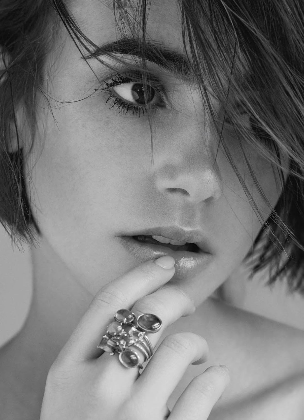 Lily Collins, monochrome, finger on lips, women, closeup, 720P, Phone HD Wallpaper