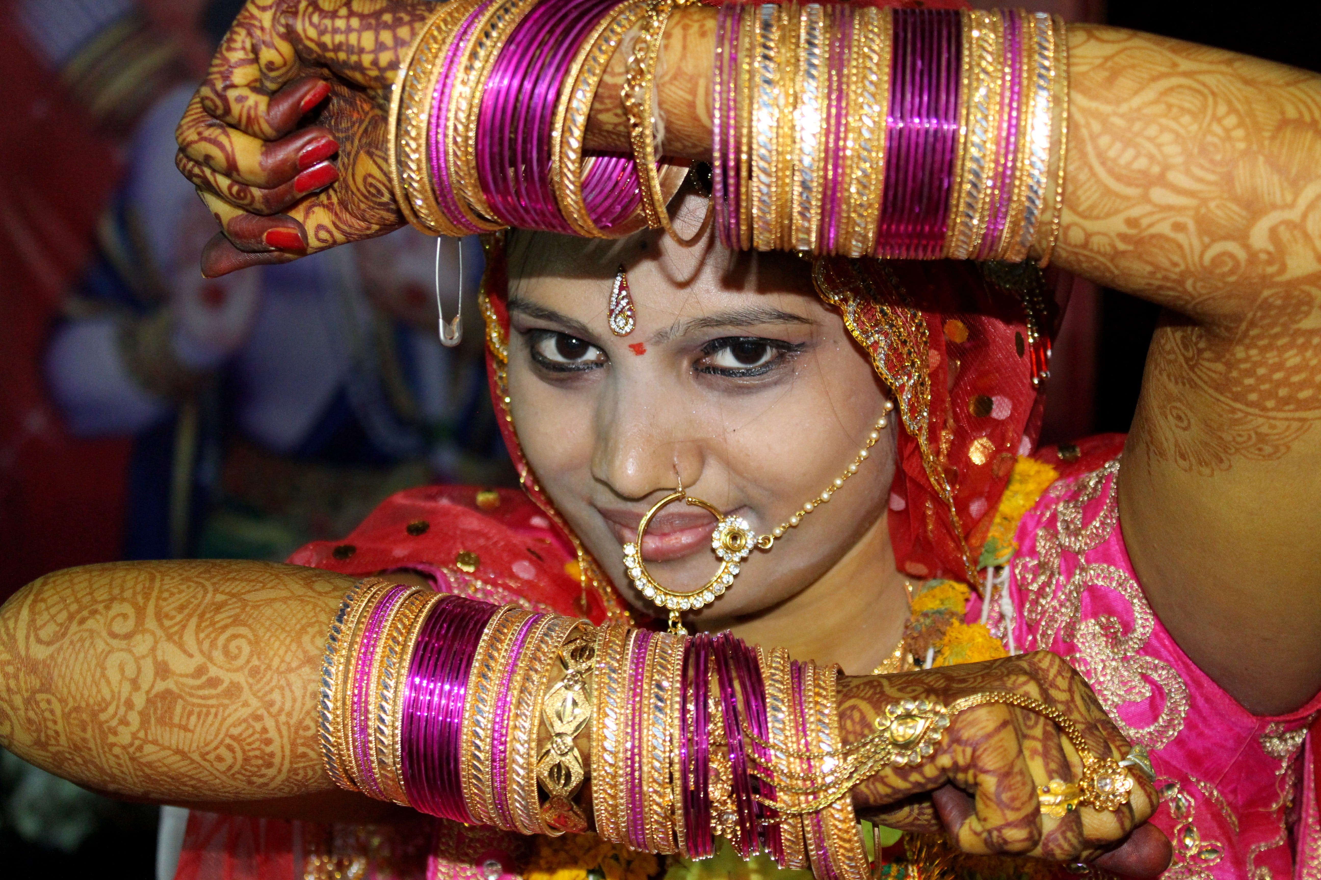 adult, attractive, clothing, jewelry, hairstyle, bride, beautiful woman, bangle, bride make up, celebration, dress, indian bride, traditional clothing, HD Wallpaper