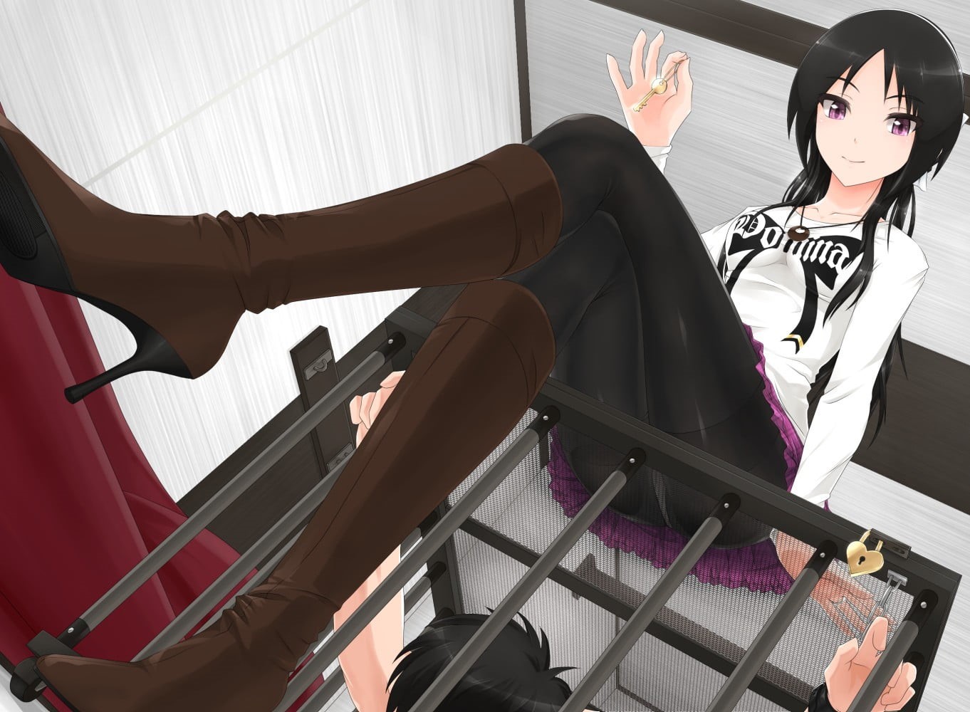 real people, railing, full length, long hair, looking at camera, boots, anime, young women, cages, lifestyles, skirt, adult, females, purple eyes, indoors, HD Wallpaper
