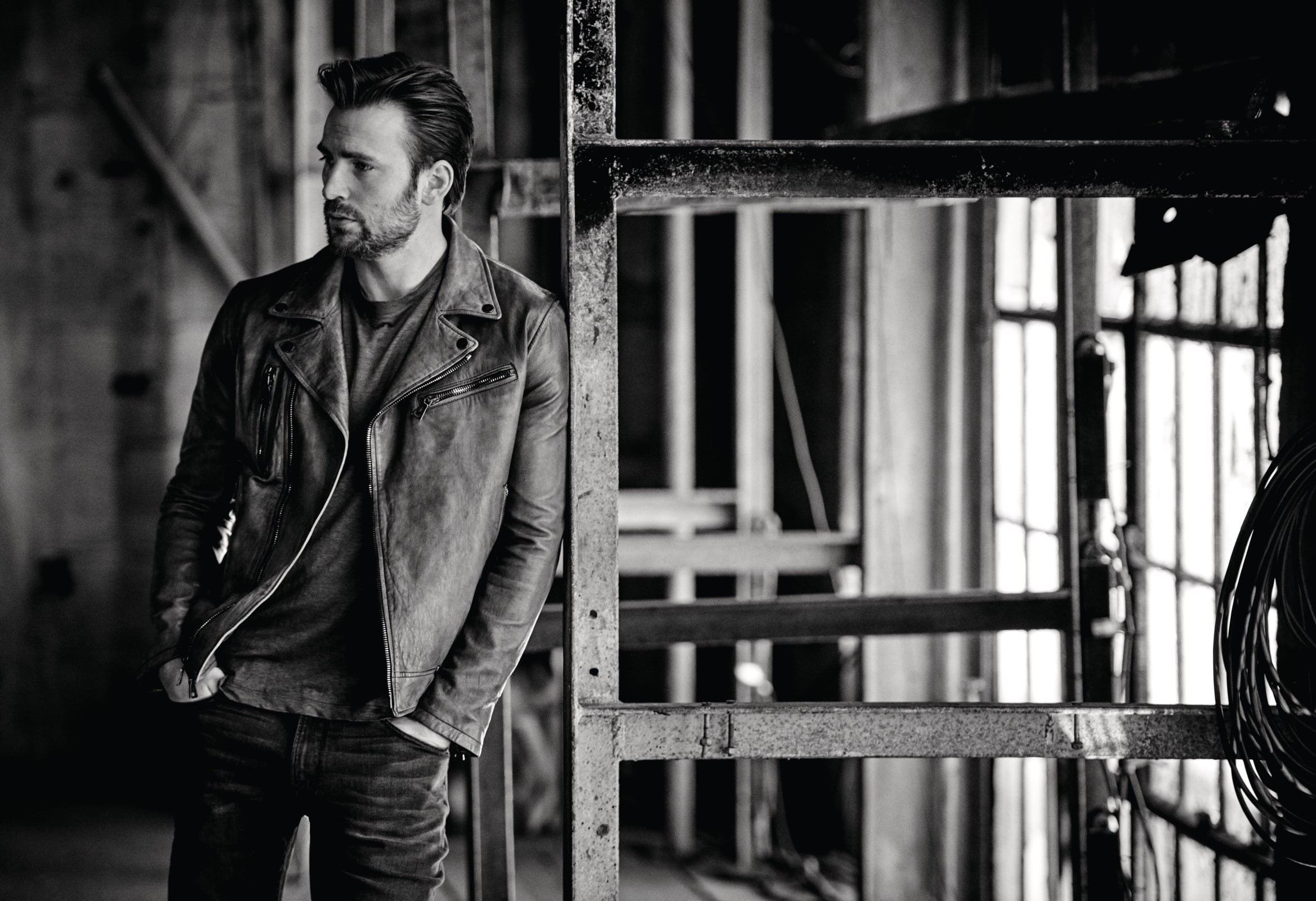 InStyle, photo, jacket, jeans, Chris Evans, Matthew Brookes, actor, black and white, 1080P, HD Wallpaper