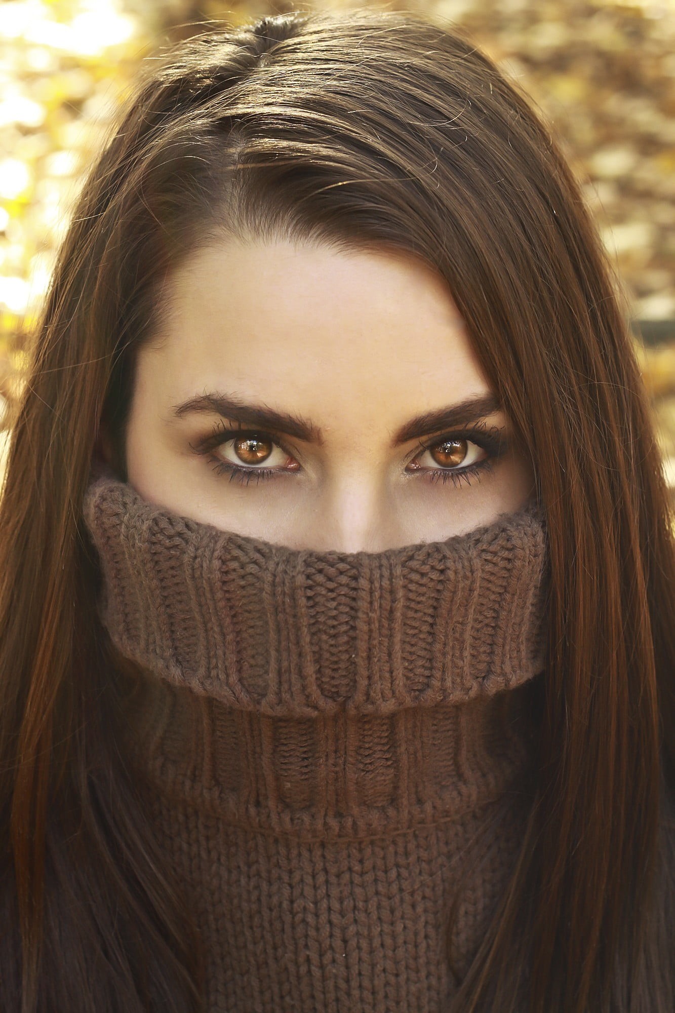 hairstyle, brown hair, close-up, adult, beautiful woman, human hair, portrait display, headshot, neck, beautiful people, covering, sweater, covering face, Phone HD Wallpaper