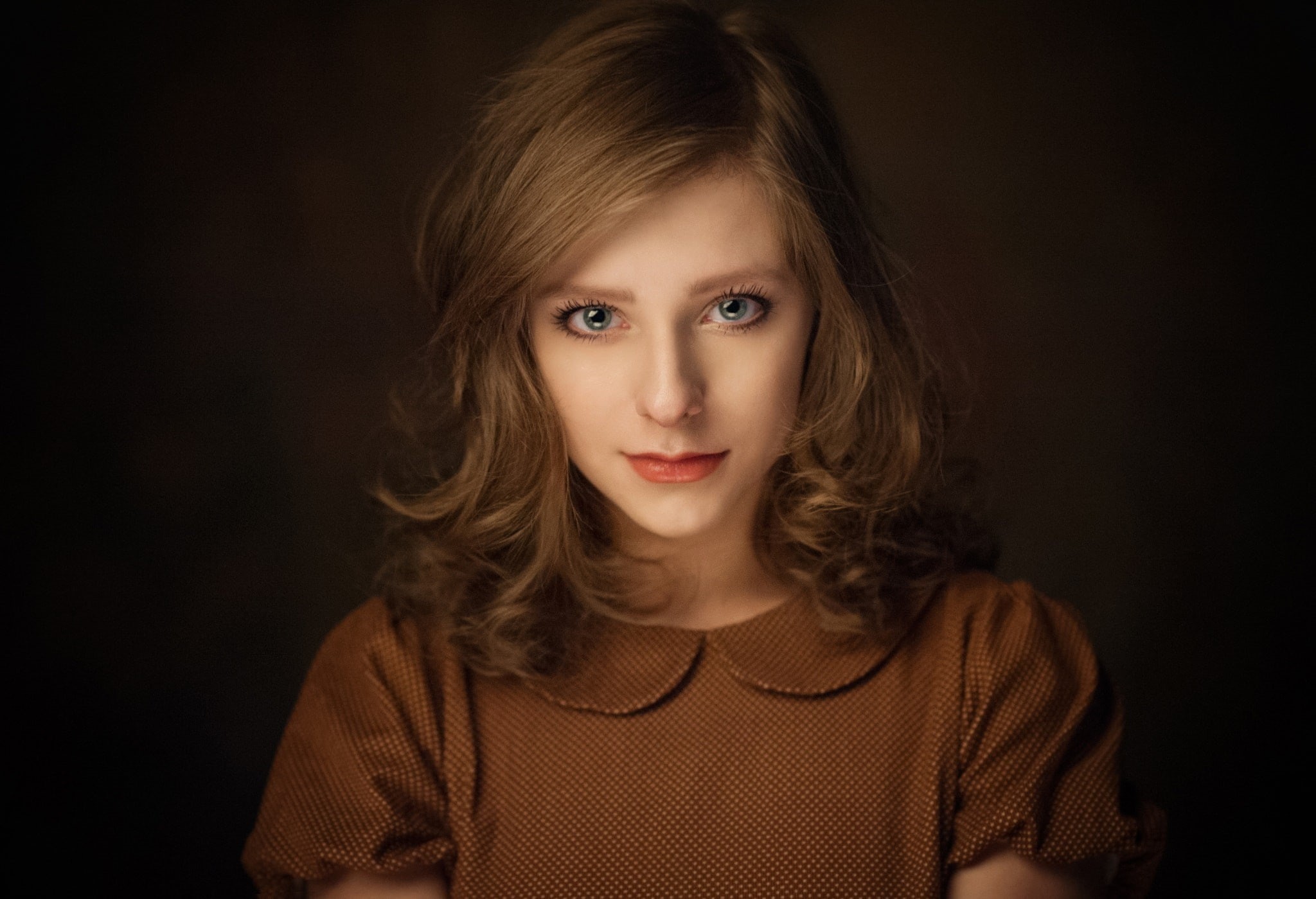 headshot, front view, Maxim Maximov, contemplation, young adult, long hair, simple background, brown hair, hairstyle, women, 1080P, beauty, fashion, one person, HD Wallpaper