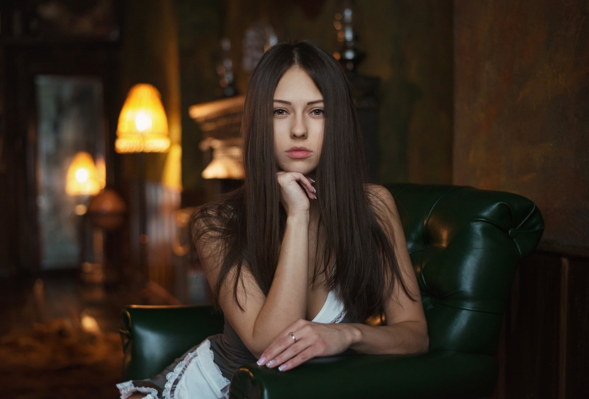 one person, indoors, hair, hairstyle, brown hair, focus on foreground, Catherine Timokhina, contemplation, casual clothing, young adult, adult, Maxim Maximov, HD Wallpaper