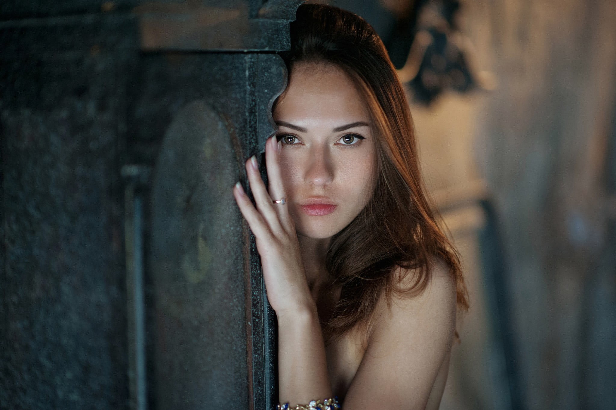 beautiful woman, Catherine Timokhina, looking at camera, women, face, black, young adult, contemplation, beside, wall, 1080P, beauty, long hair, hair, HD Wallpaper
