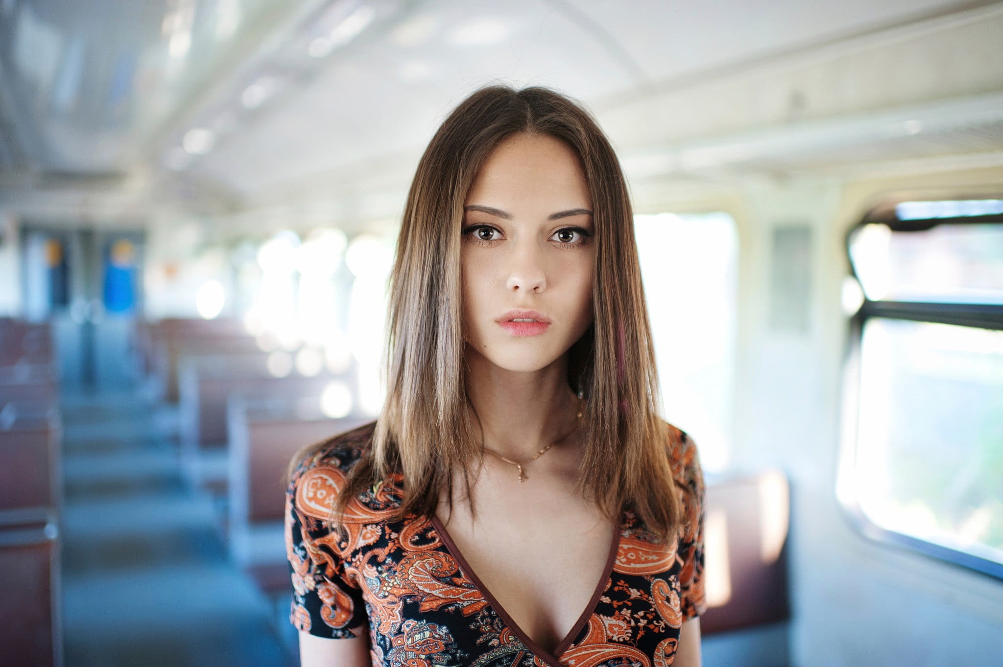 neck, adult, model, vehicle interior, front view, deep, travel, young adult, looking at camera, brown hair, vehicle, subway train, young women, beautiful woman, HD Wallpaper