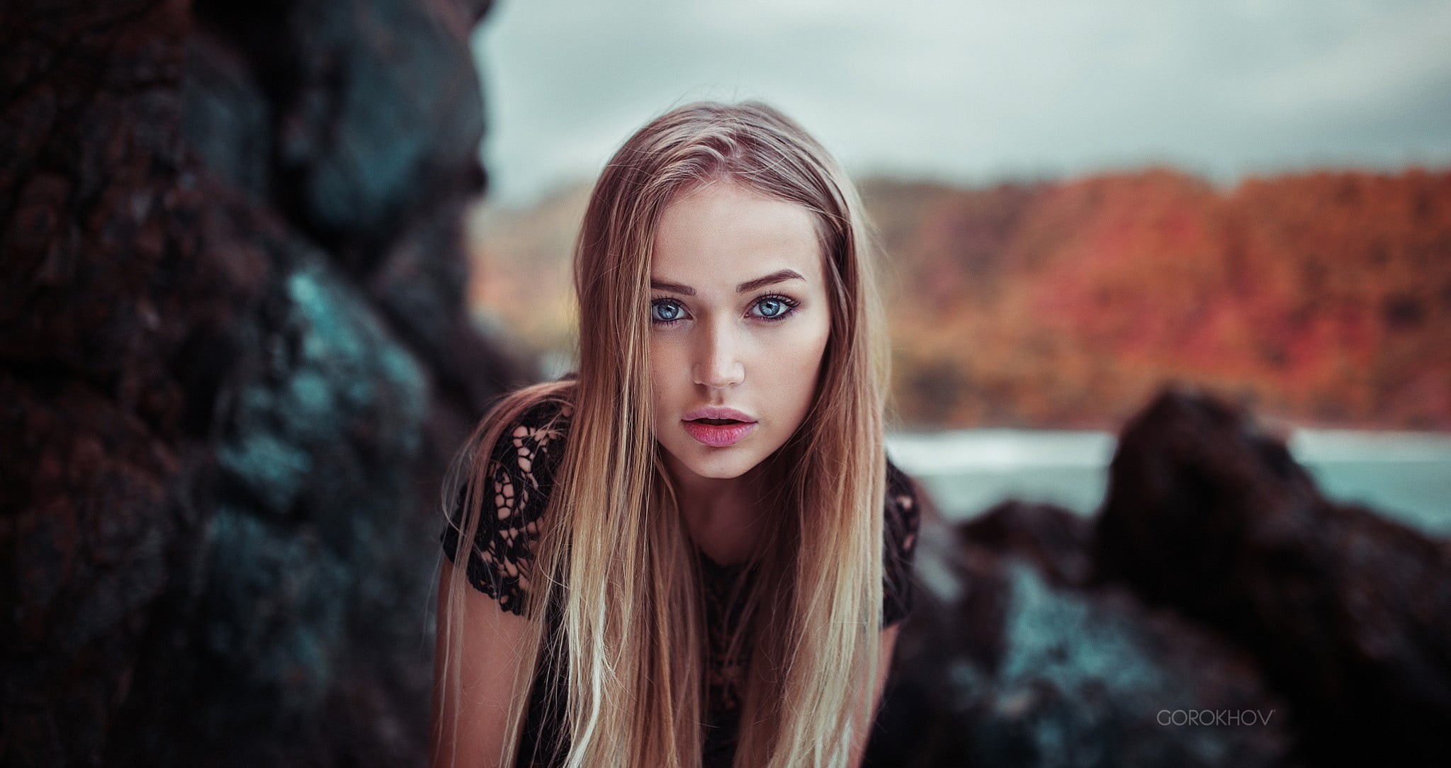 teenager, 1080P, shirt, face, young women, hair, blue eyes, beauty, woman, blonde, wearing, rocks, portrait, focus, young adult, headshot, looking at viewer, HD Wallpaper
